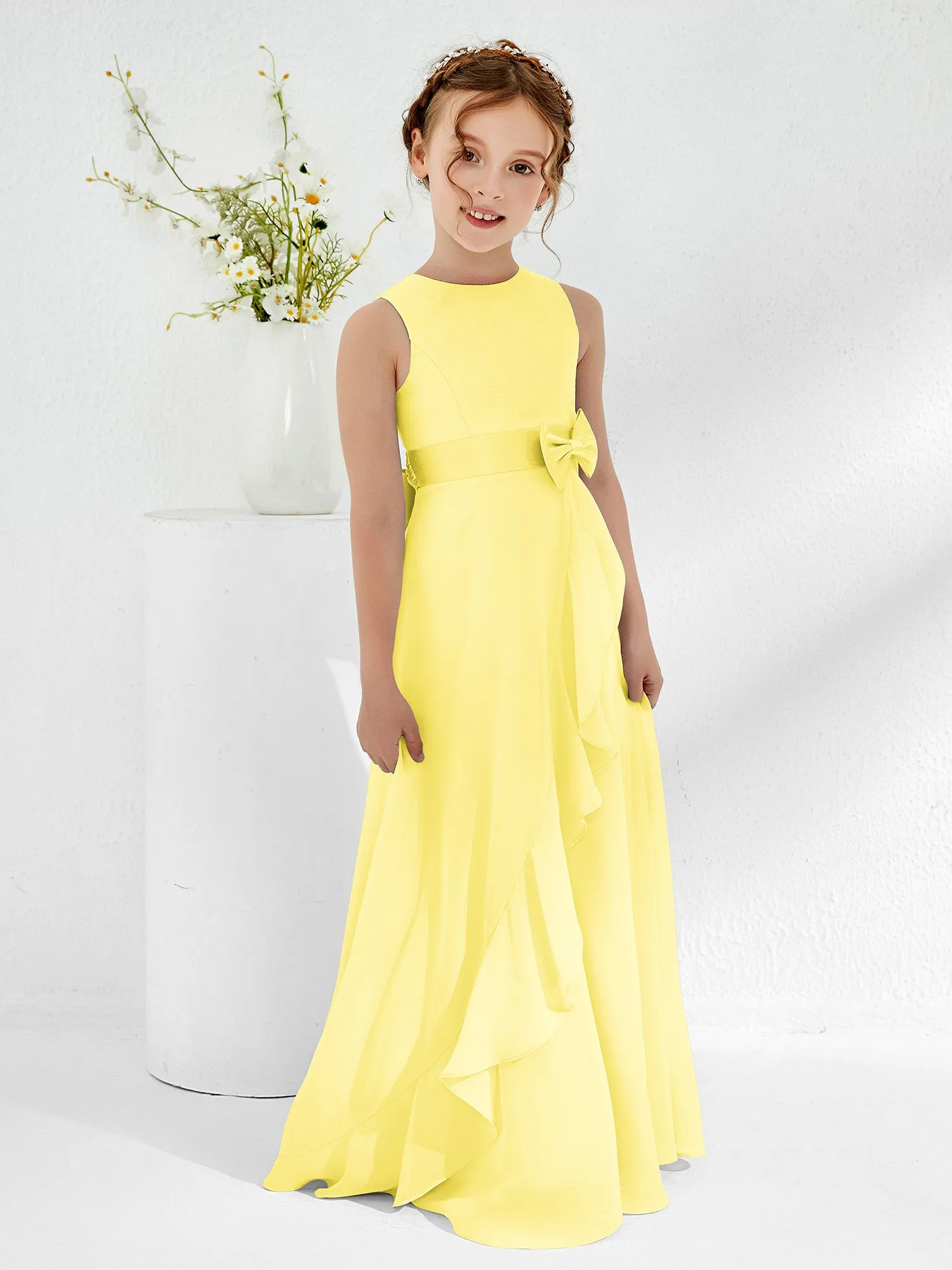 Bateau Neckline Ruffle Junior Bridesmaid Gowns Lemon