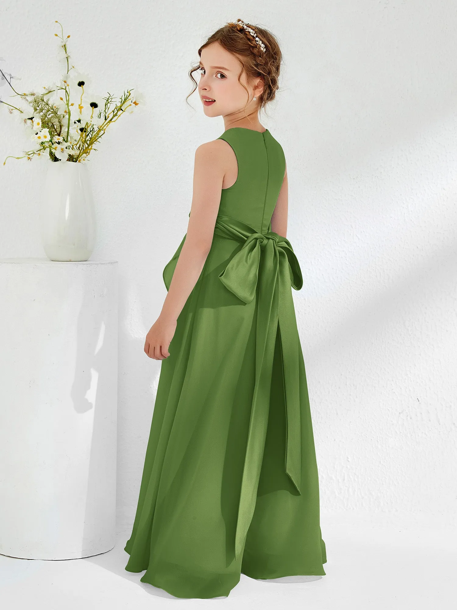Bateau Neckline Ruffle Junior Bridesmaid Gowns Moss