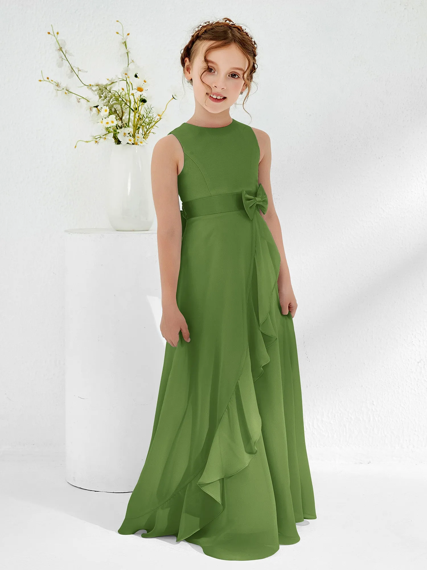 Bateau Neckline Ruffle Junior Bridesmaid Gowns Moss