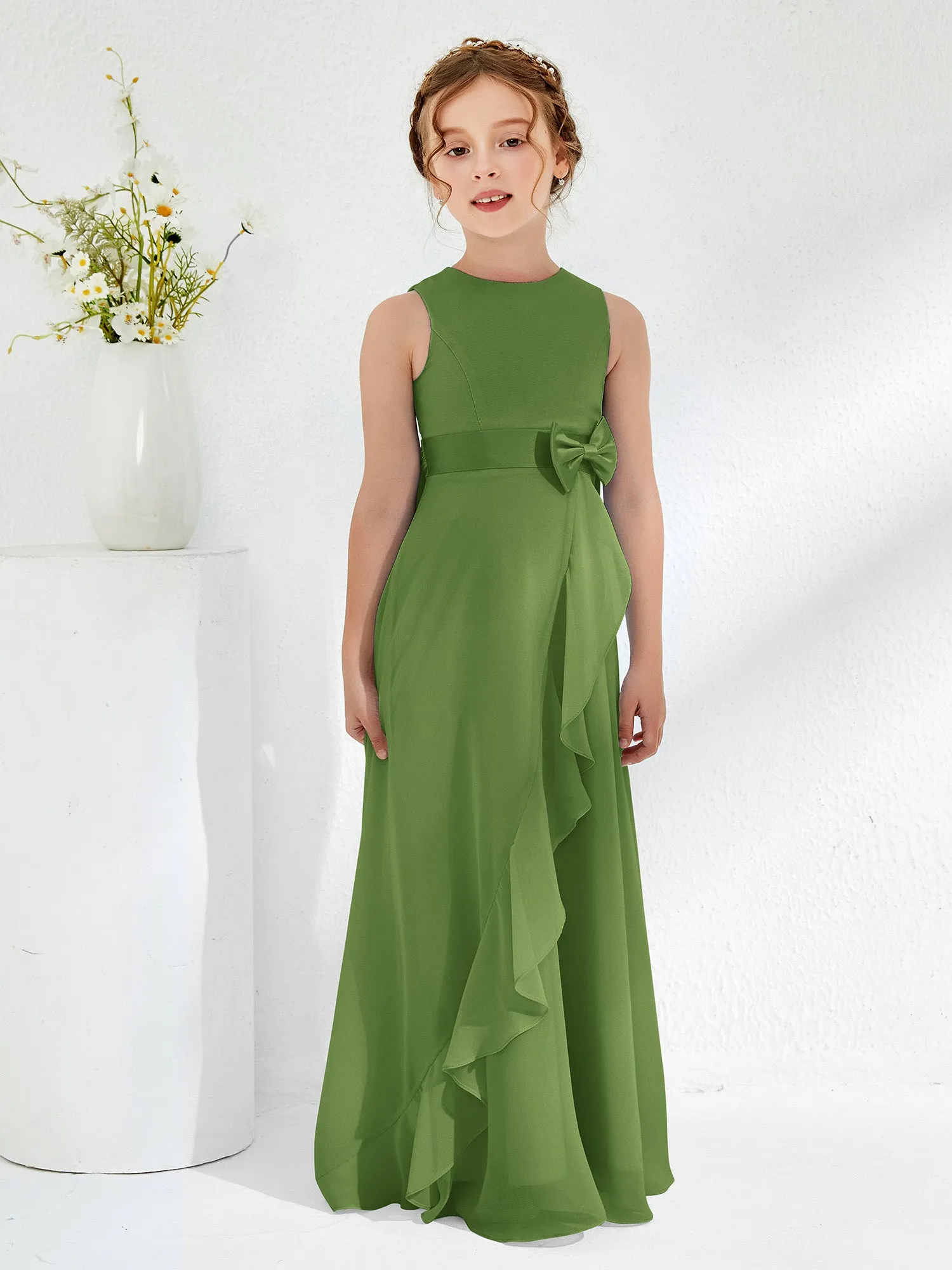 Bateau Neckline Ruffle Junior Bridesmaid Gowns Moss