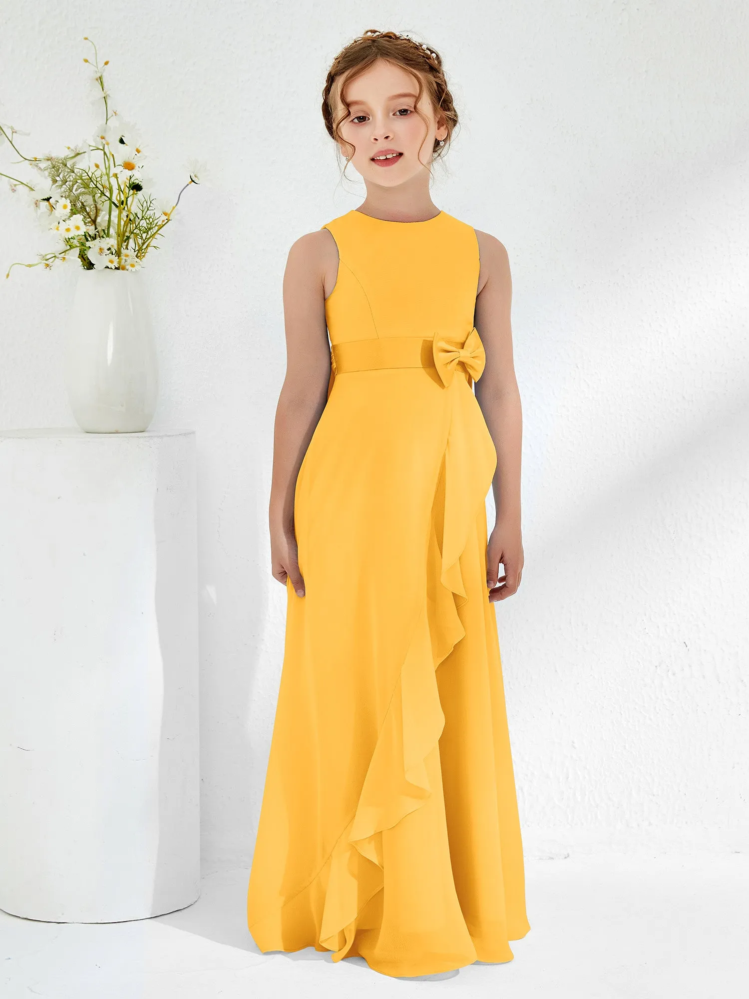 Bateau Neckline Ruffle Junior Bridesmaid Gowns Tangerine