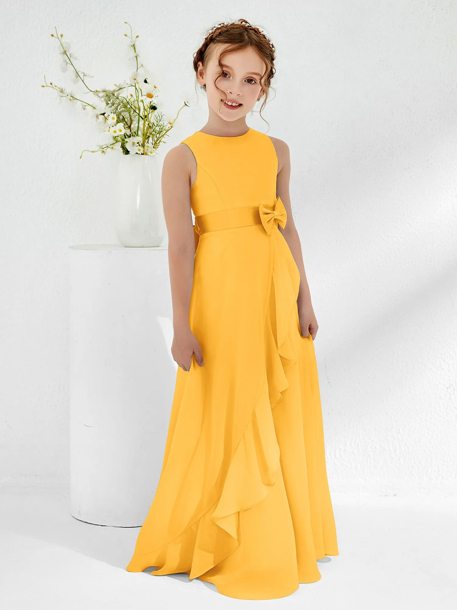 Bateau Neckline Ruffle Junior Bridesmaid Gowns Tangerine