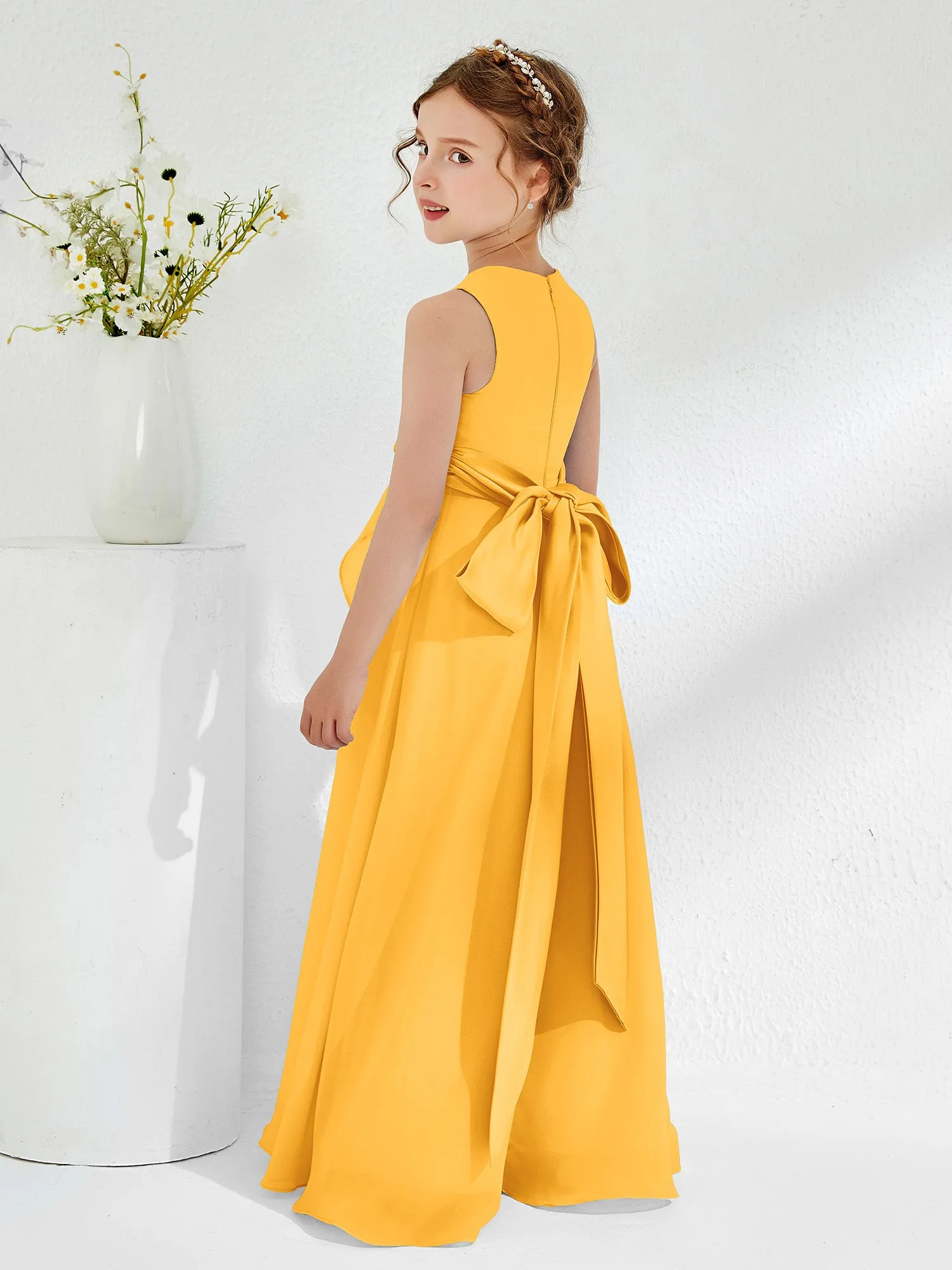 Bateau Neckline Ruffle Junior Bridesmaid Gowns Tangerine