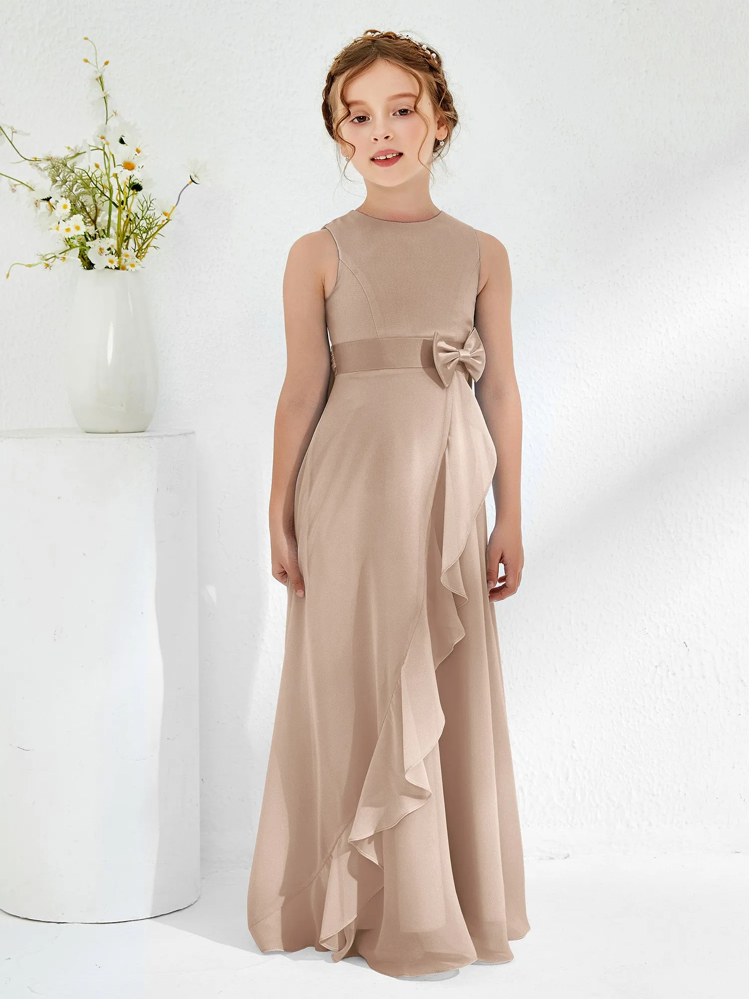 Bateau Neckline Ruffle Junior Bridesmaid Gowns Taupe