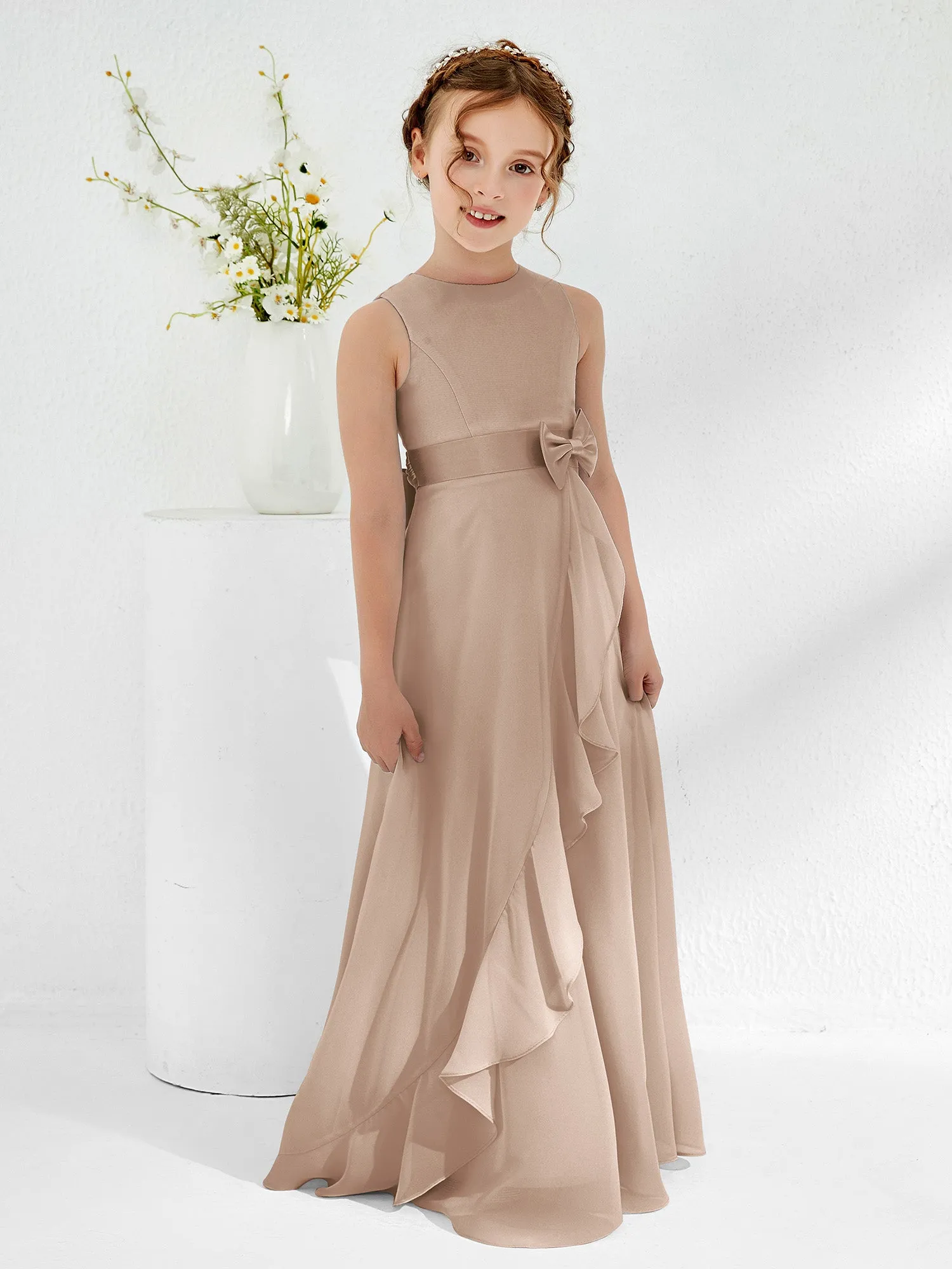Bateau Neckline Ruffle Junior Bridesmaid Gowns Taupe