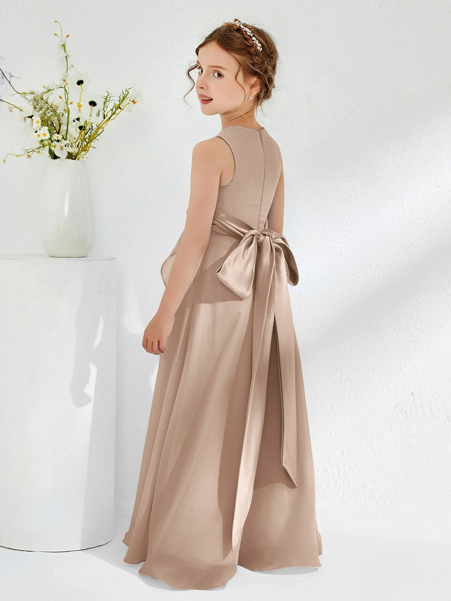 Bateau Neckline Ruffle Junior Bridesmaid Gowns Taupe