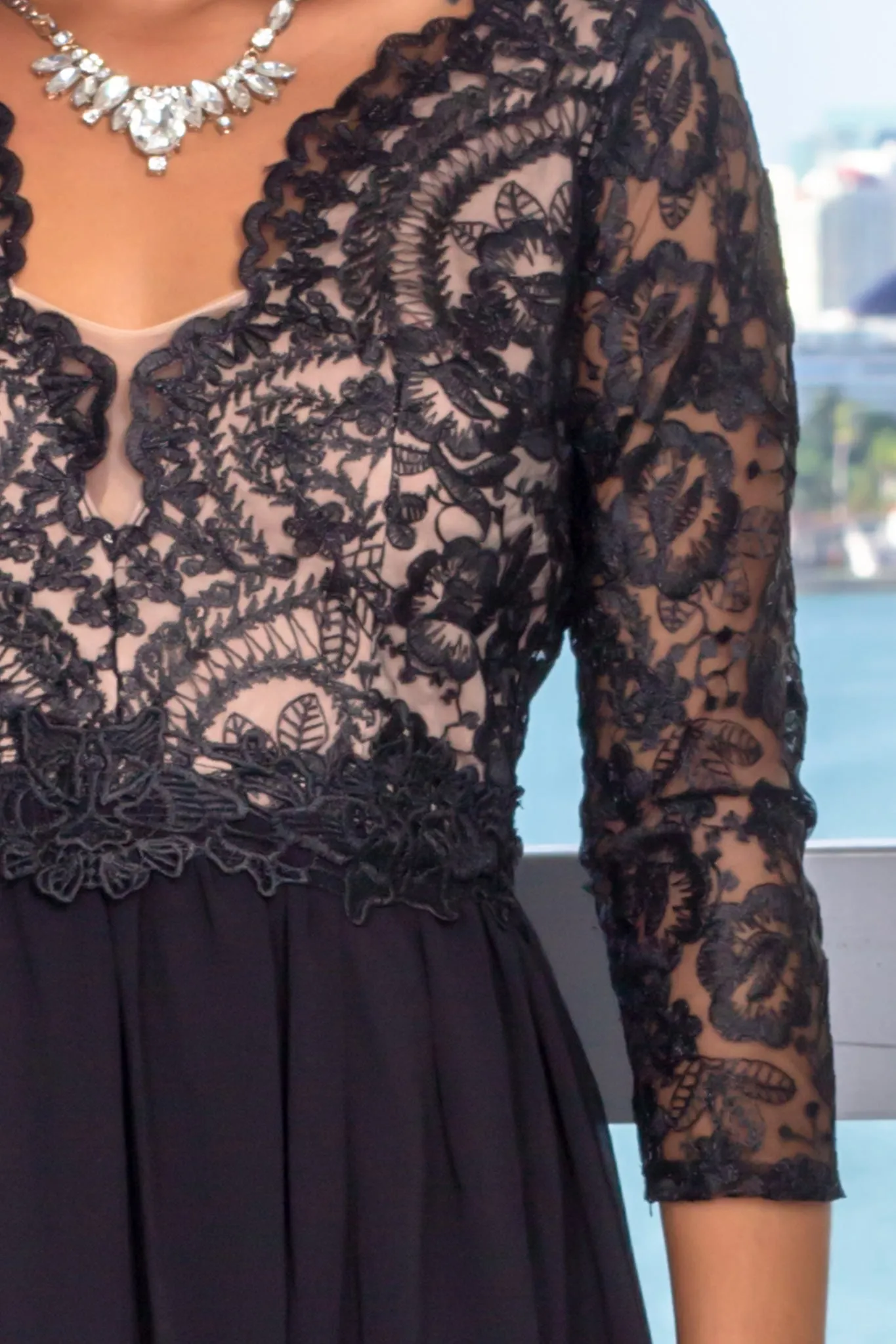 Black Embroidered Top Maxi Dress with 3/4 Sleeves