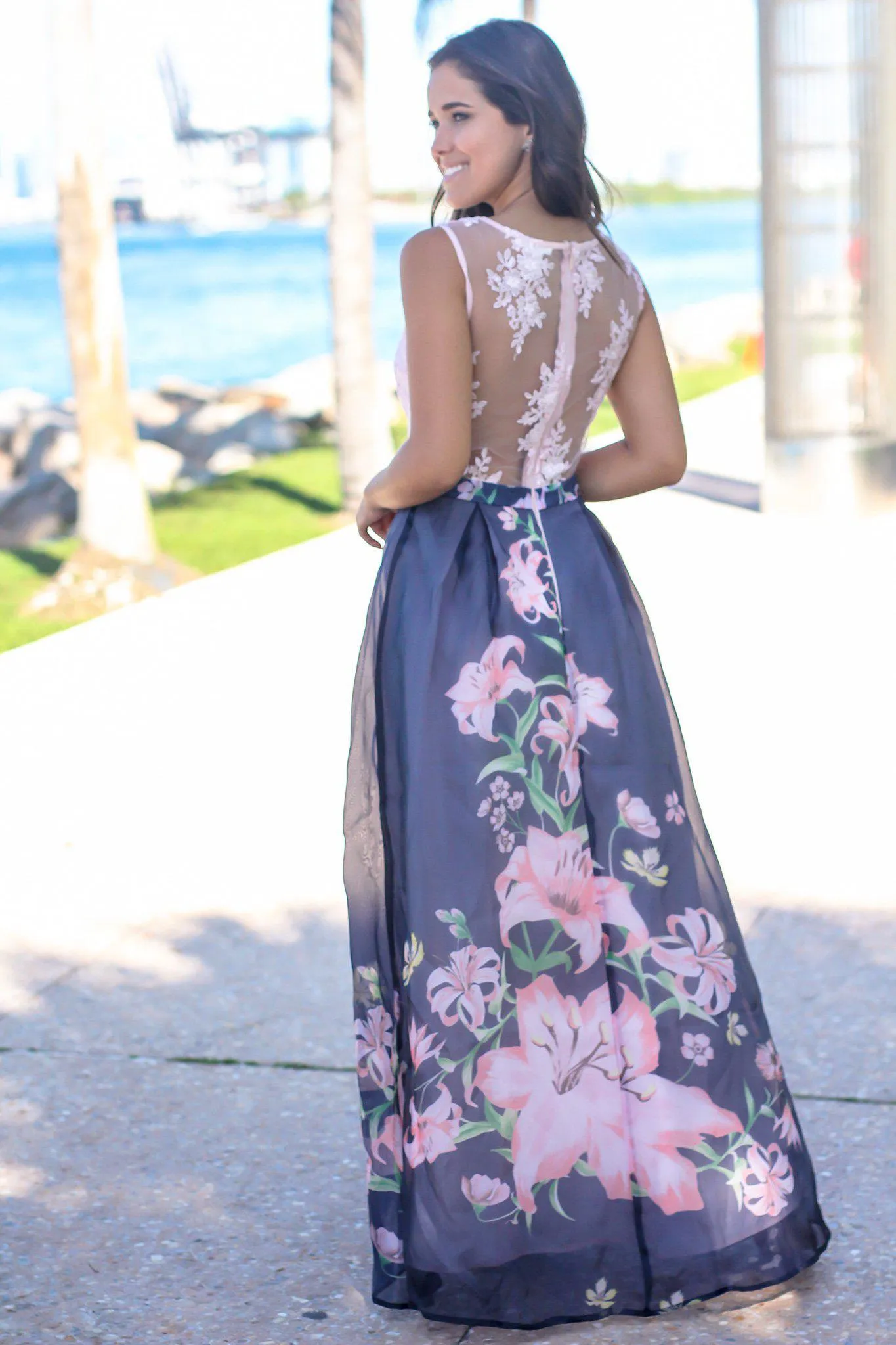 Blush and Navy Floral Maxi Dress