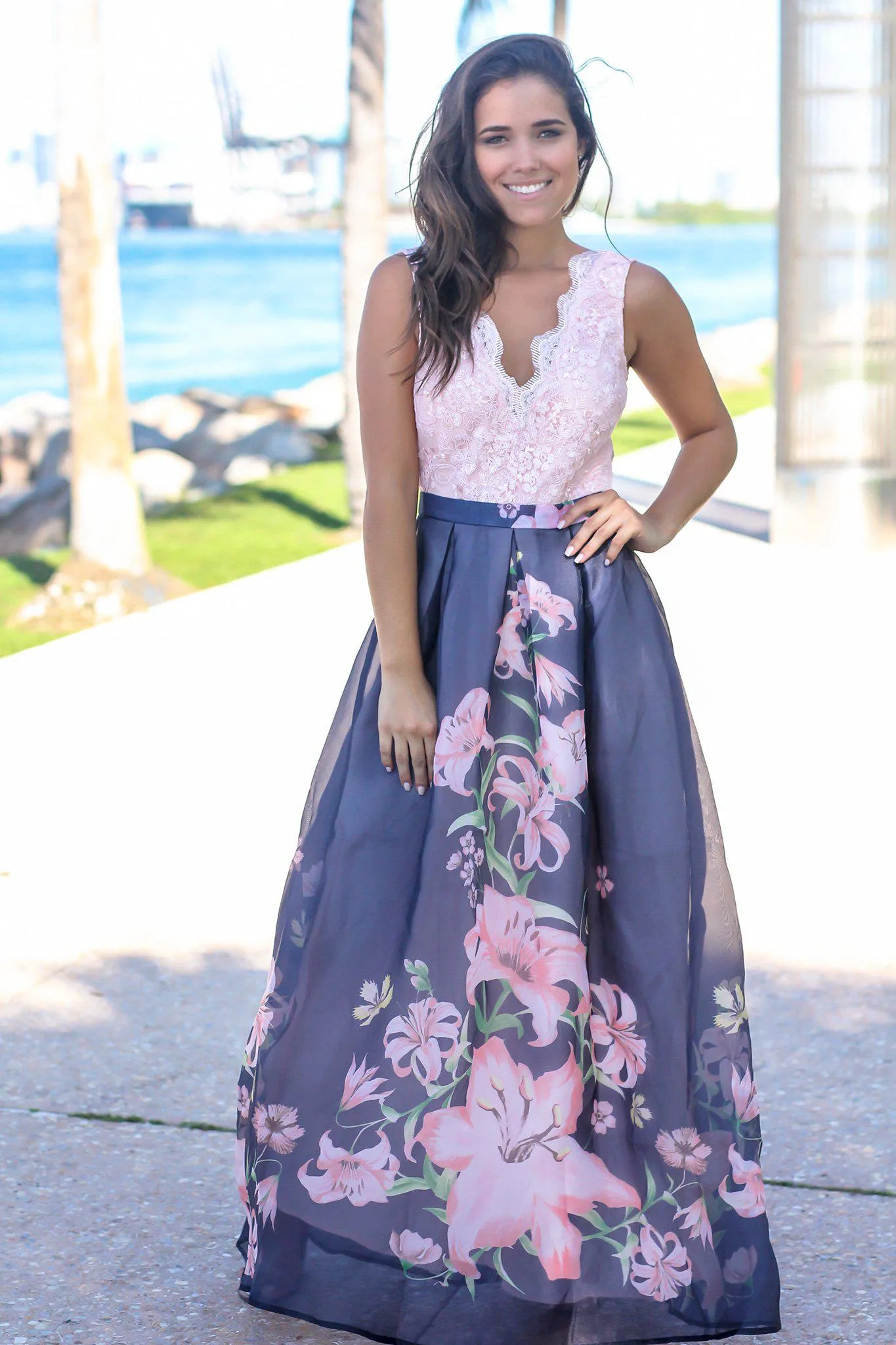Blush and Navy Floral Maxi Dress