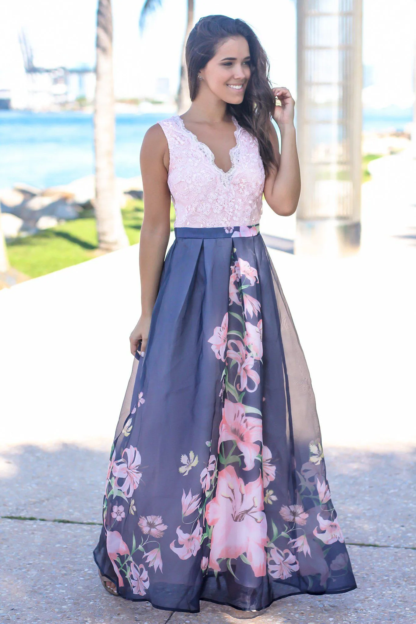 Blush and Navy Floral Maxi Dress