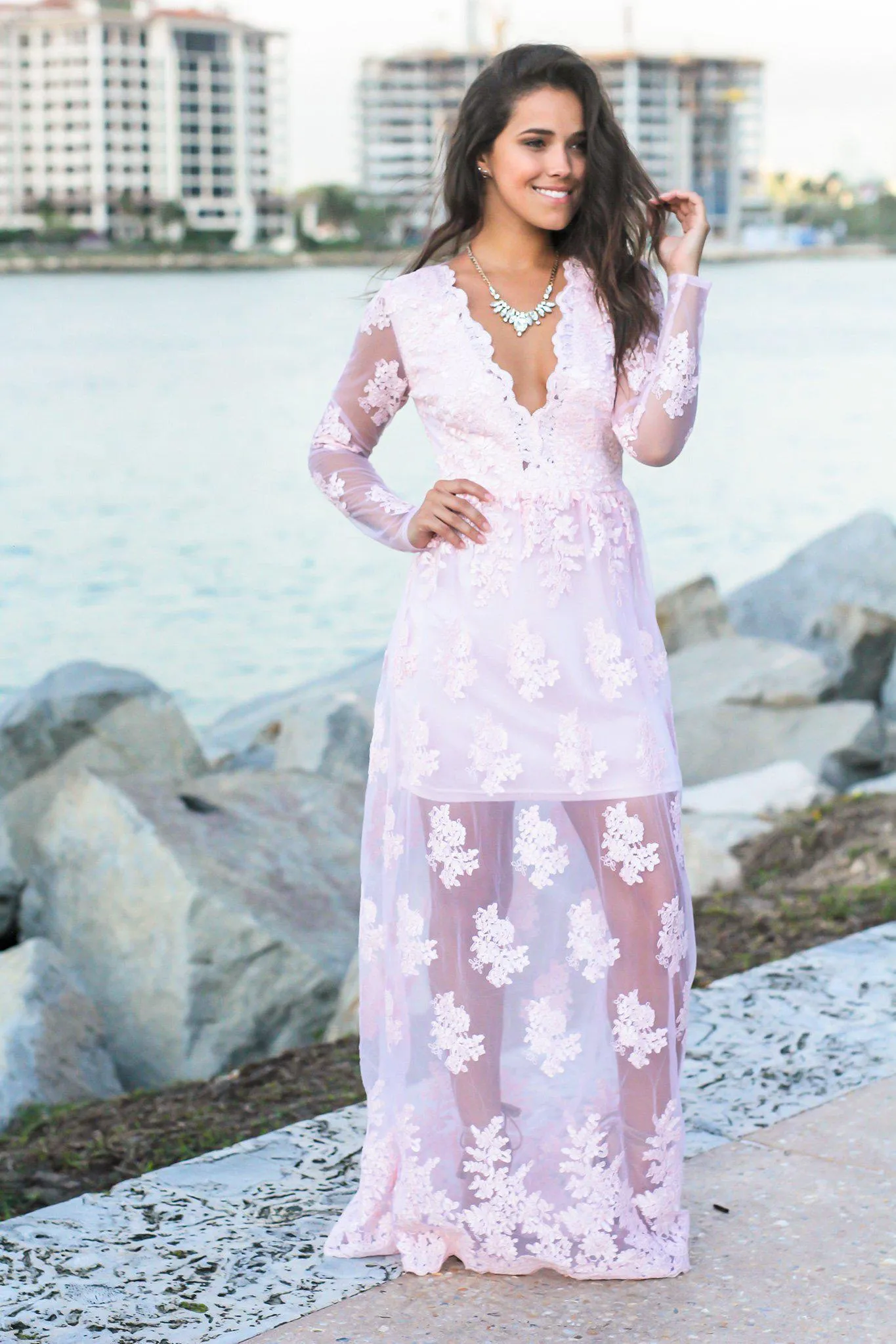 Blush Embroidered Maxi Dress with Long Sleeves