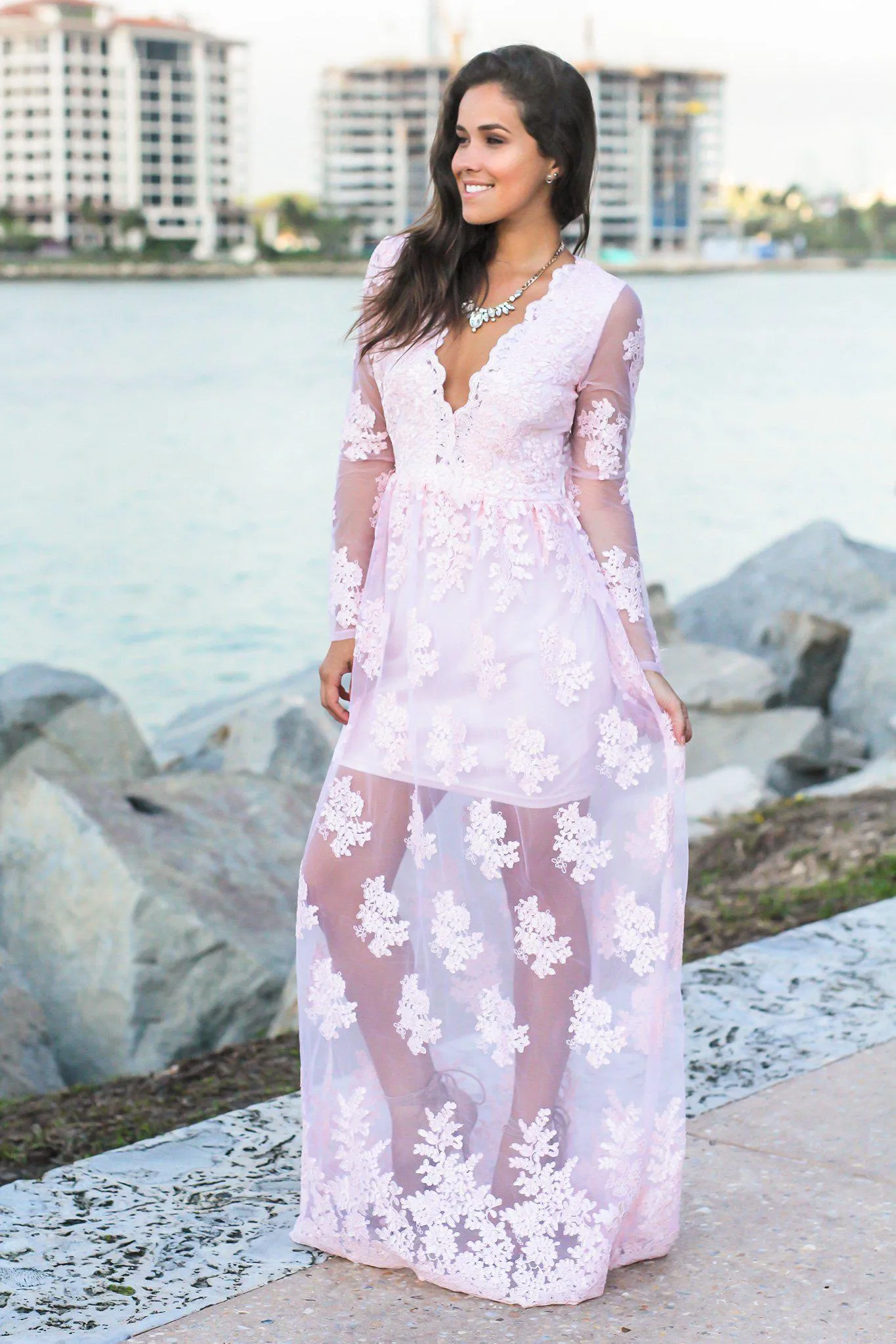 Blush Embroidered Maxi Dress with Long Sleeves