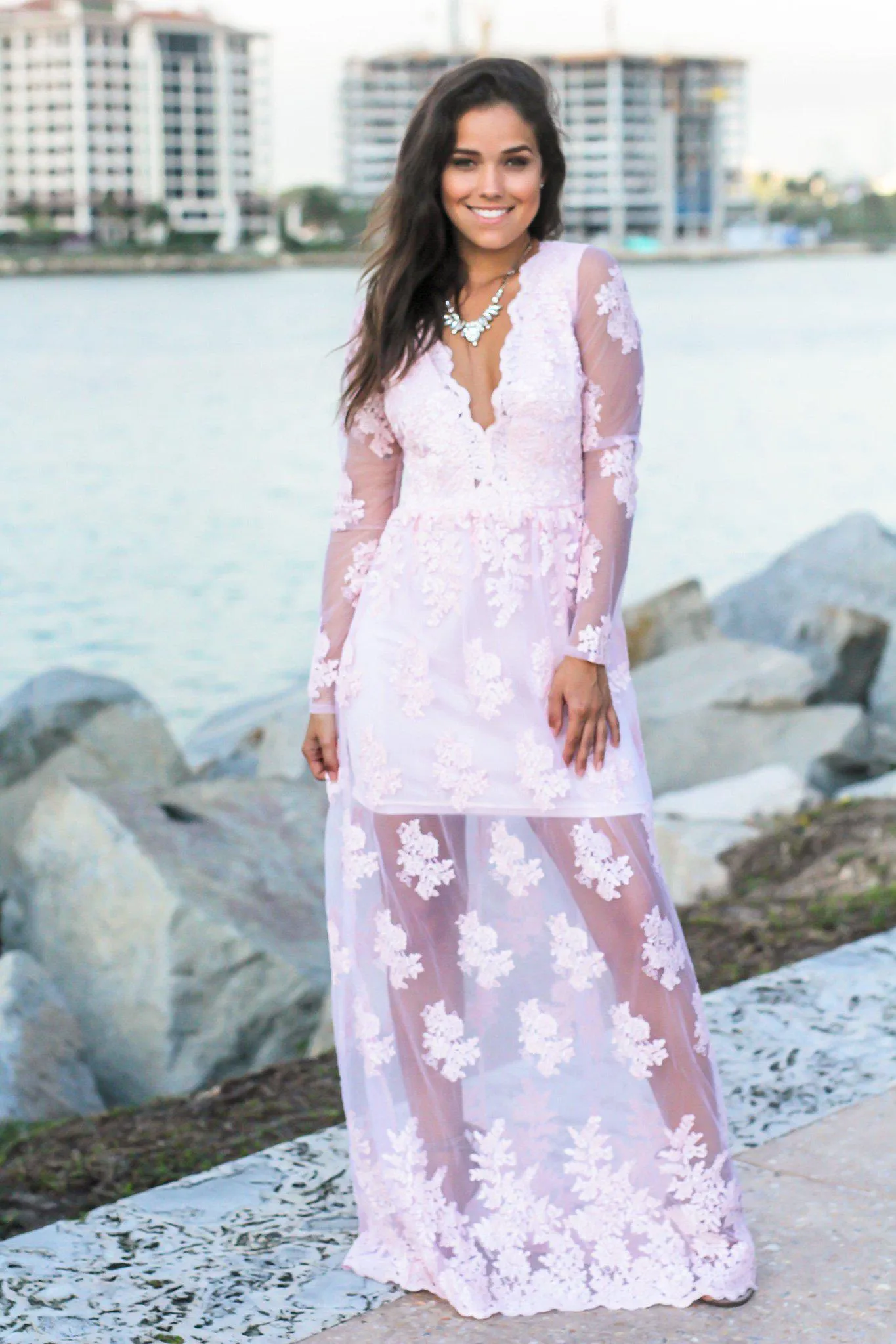 Blush Embroidered Maxi Dress with Long Sleeves