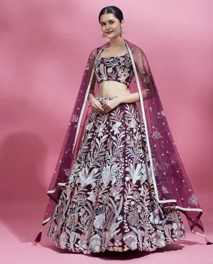 Burgundy Embroidered Net Lehenga Set for Weddings