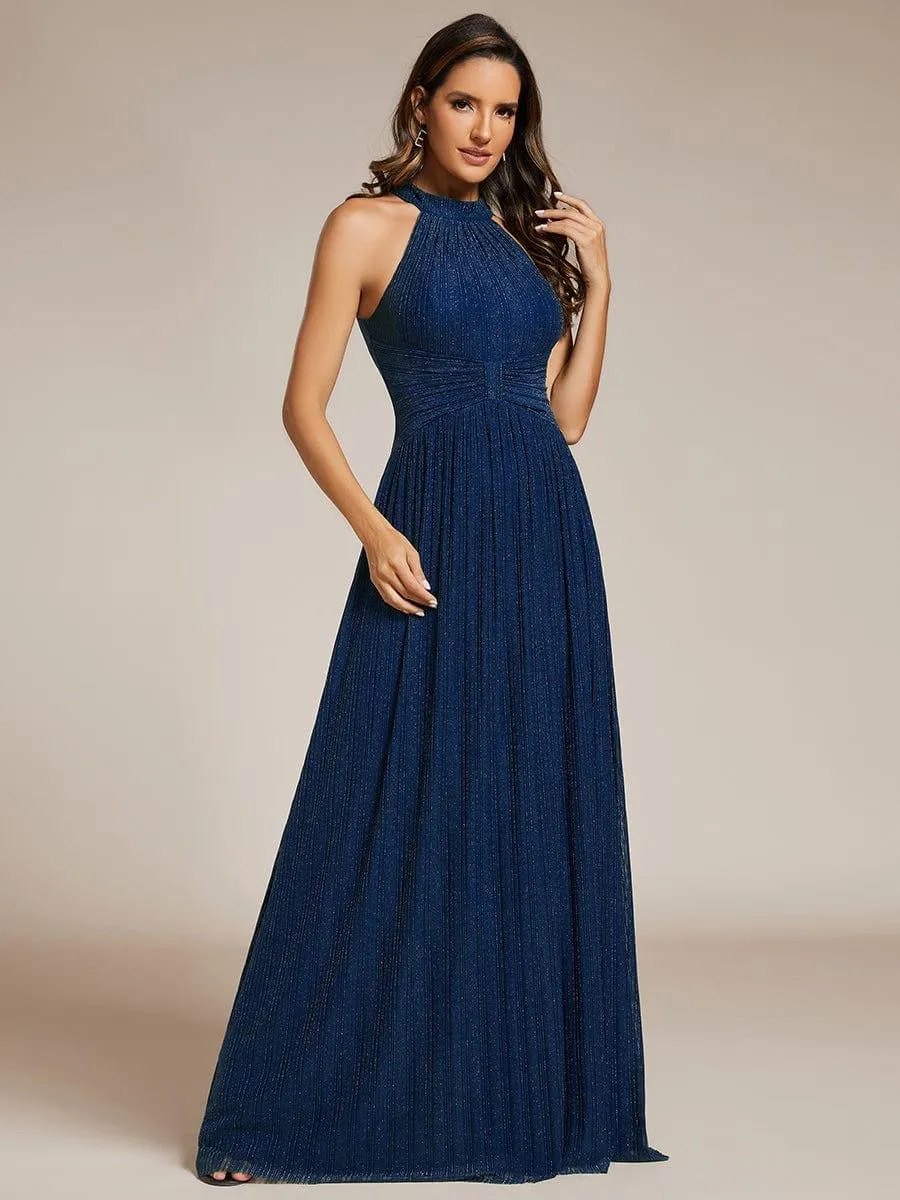 Cathy | Halter Neck Pleated Glittery Formal Evening Dress with Empire Waist