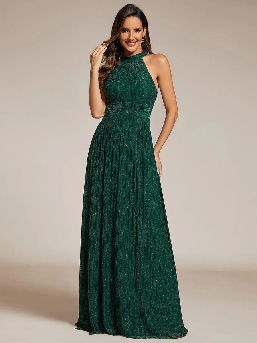 Cathy | Halter Neck Pleated Glittery Formal Evening Dress with Empire Waist