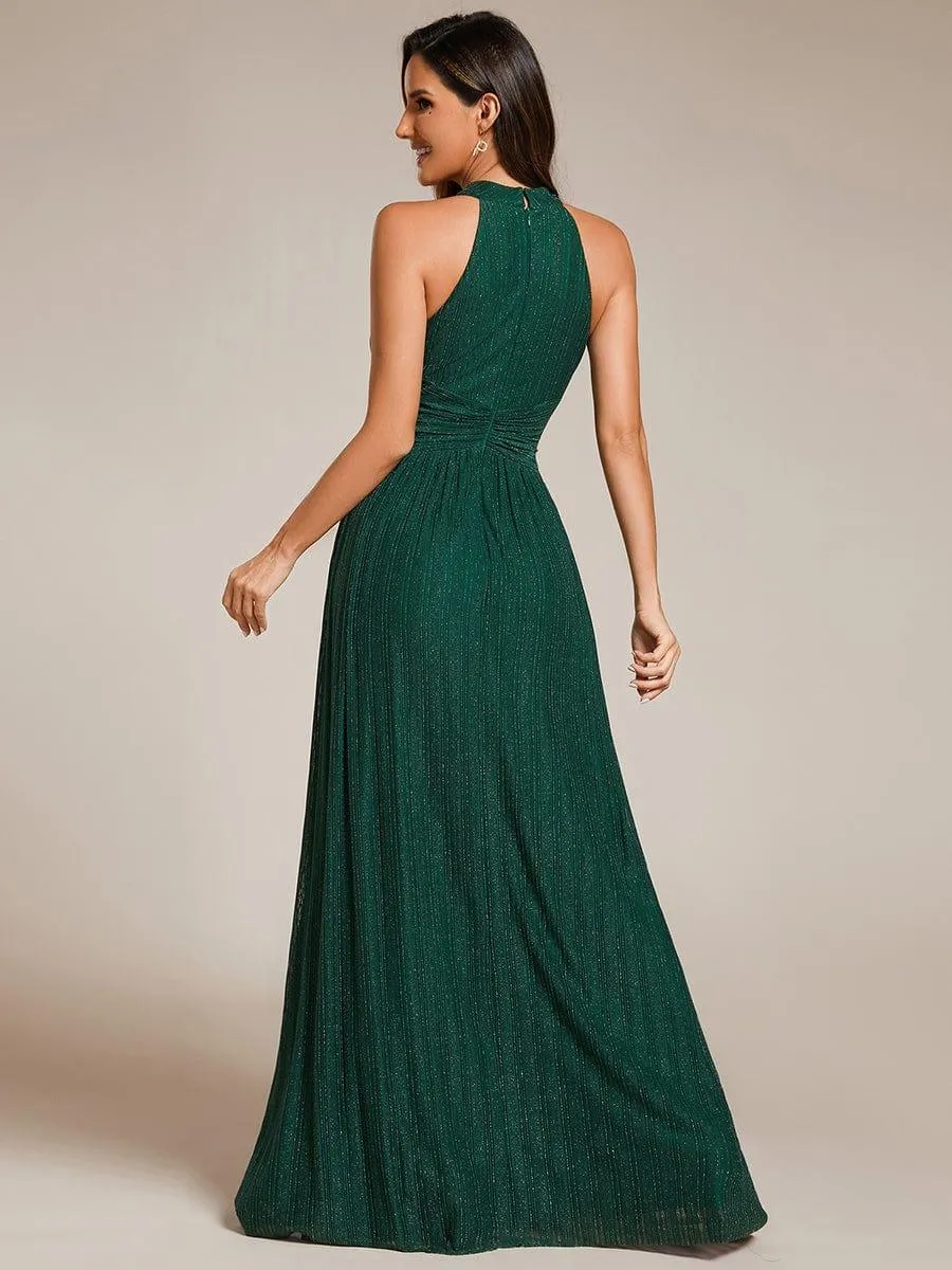 Cathy | Halter Neck Pleated Glittery Formal Evening Dress with Empire Waist