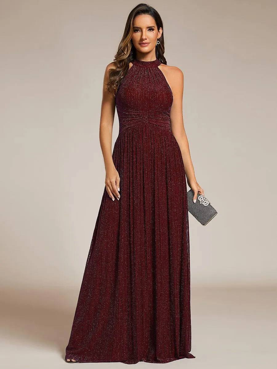 Cathy | Halter Neck Pleated Glittery Formal Evening Dress with Empire Waist