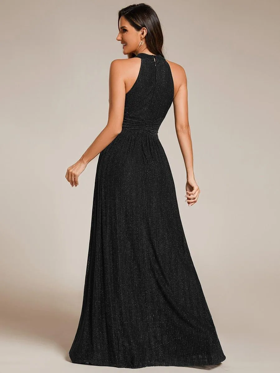 Cathy | Halter Neck Pleated Glittery Formal Evening Dress with Empire Waist