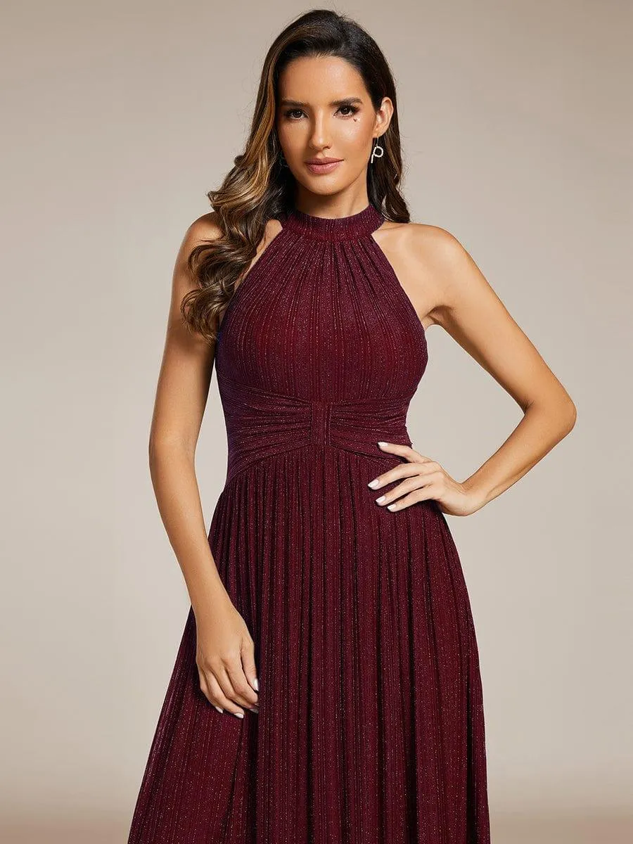 Cathy | Halter Neck Pleated Glittery Formal Evening Dress with Empire Waist