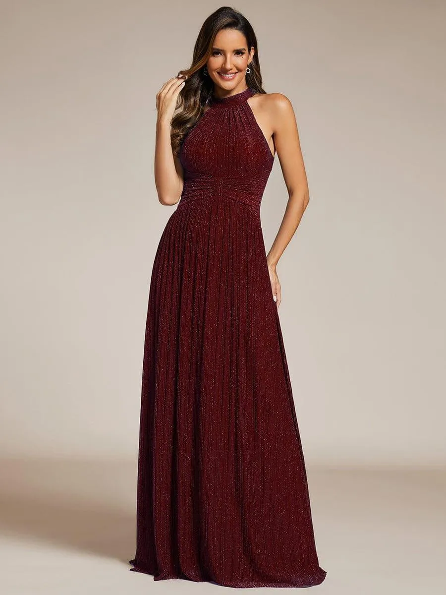 Cathy | Halter Neck Pleated Glittery Formal Evening Dress with Empire Waist
