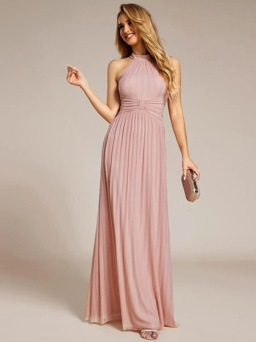 Cathy | Halter Neck Pleated Glittery Formal Evening Dress with Empire Waist