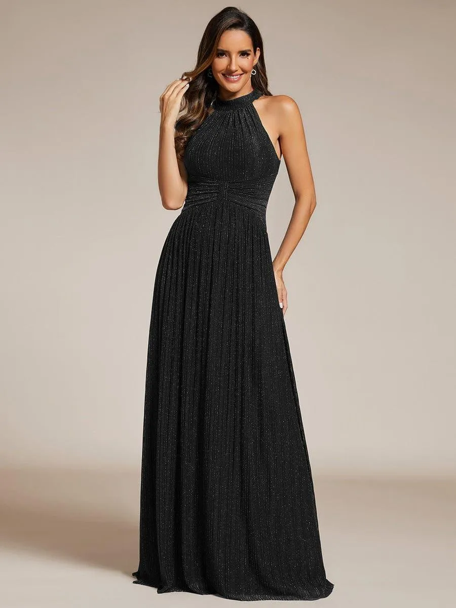 Cathy | Halter Neck Pleated Glittery Formal Evening Dress with Empire Waist