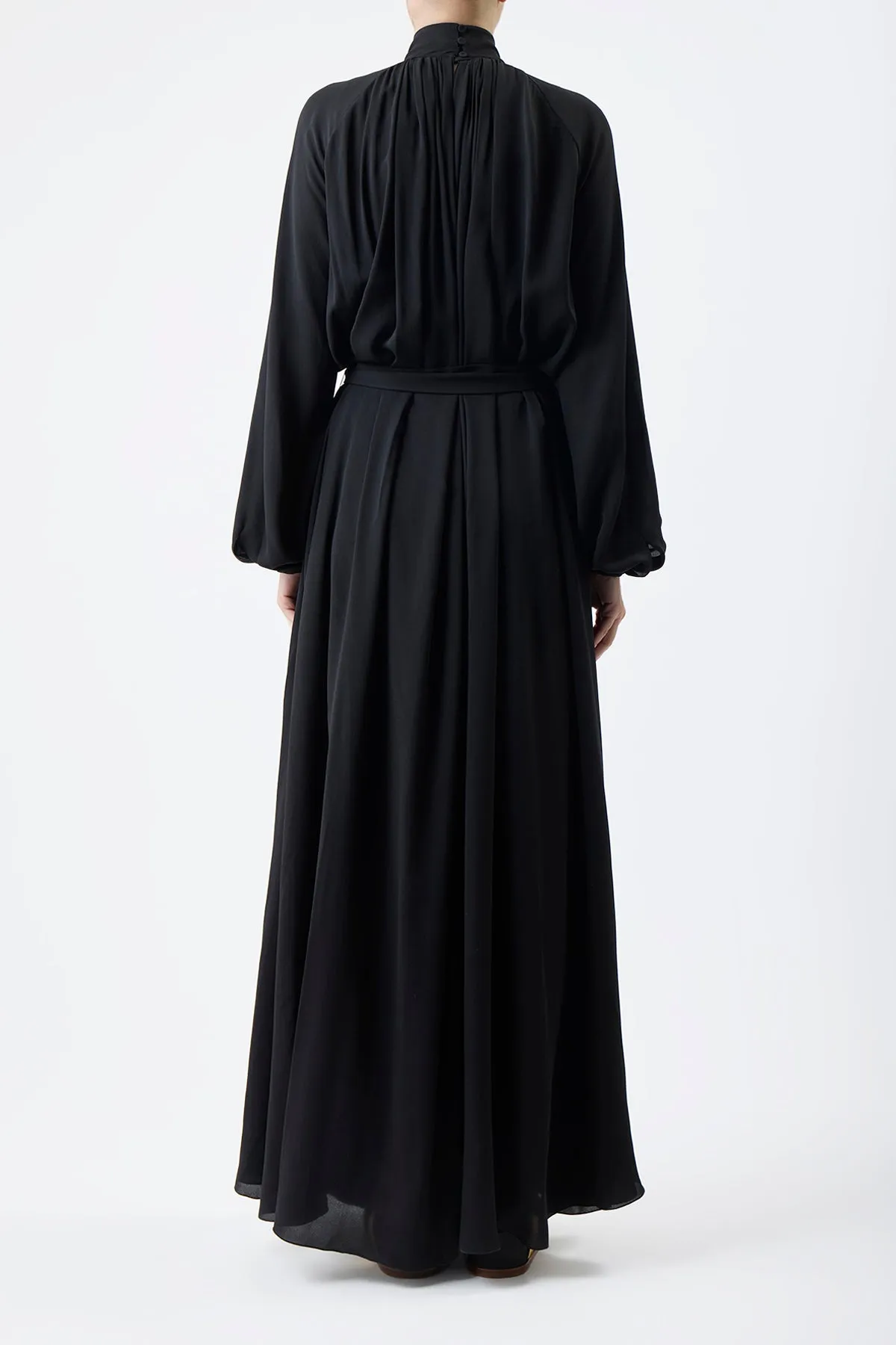 Cedric Pleated Maxi Dress in Black Silk Georgette Twill