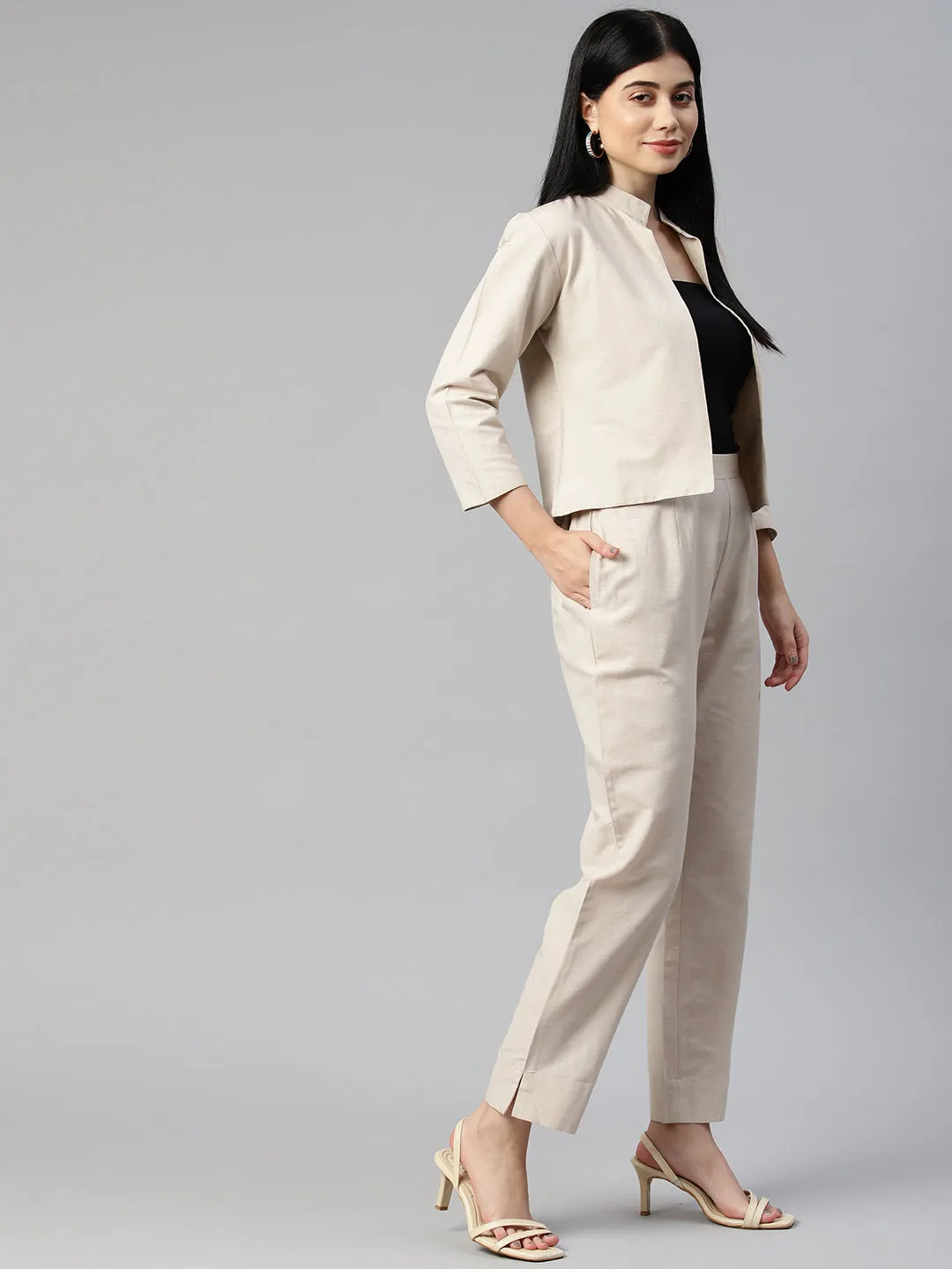 Cottinfab Women Solid Cotton Blazers and Trousers Co-Ord Set