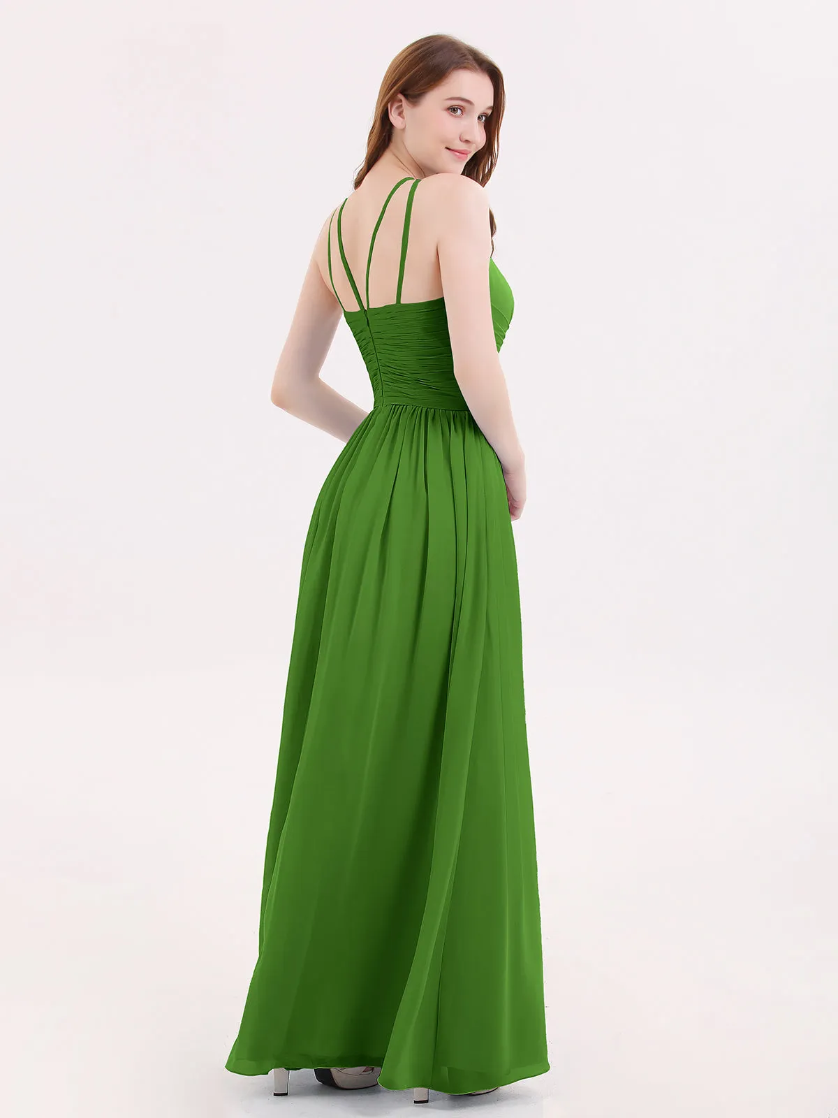 Double Strap Halter Long Chiffon Gowns-Moss