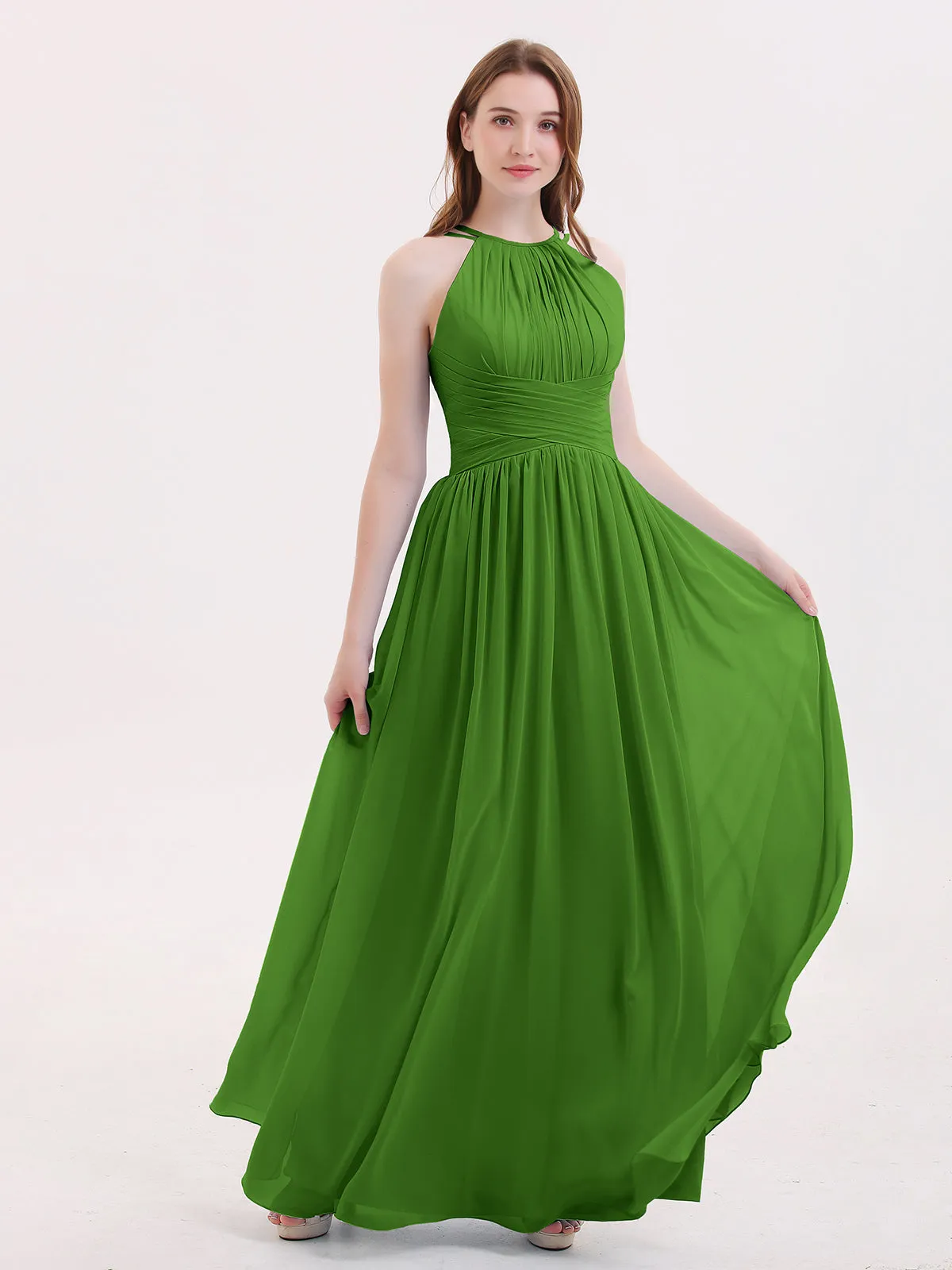 Double Strap Halter Long Chiffon Gowns-Moss