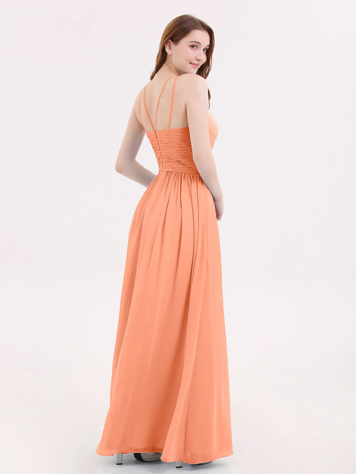 Double Strap Halter Long Chiffon Gowns-Papaya