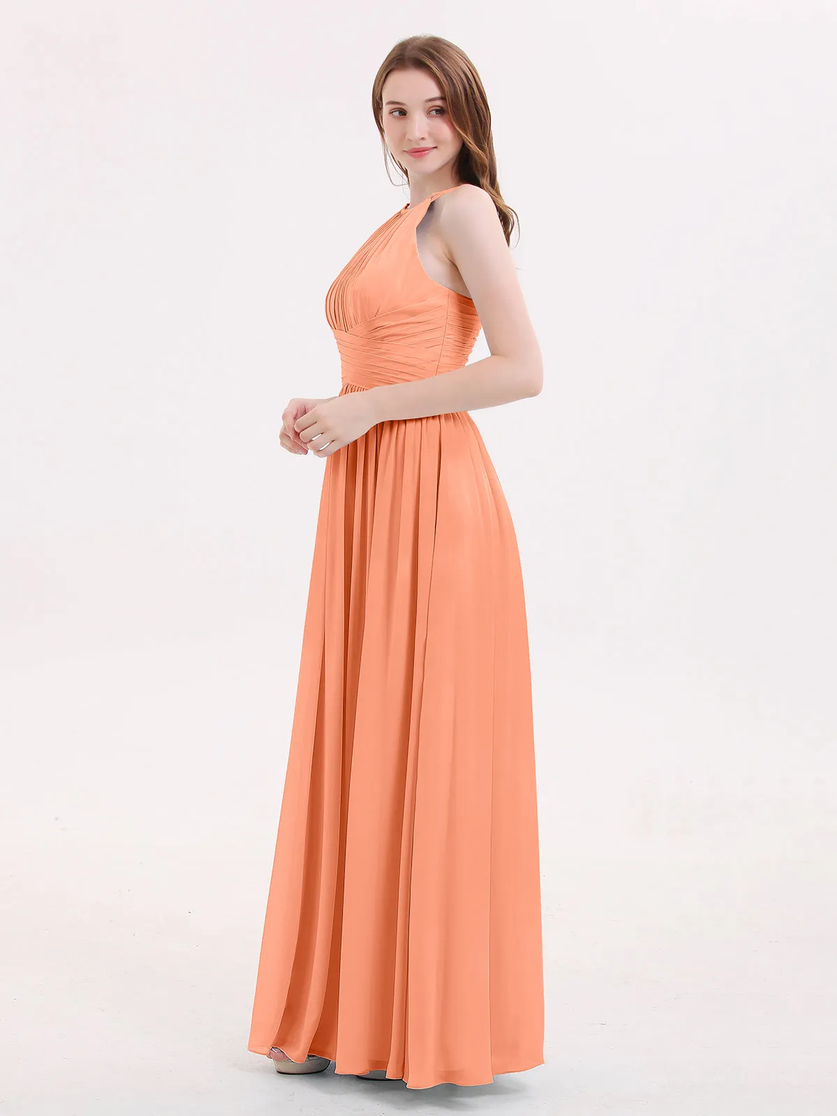 Double Strap Halter Long Chiffon Gowns-Papaya