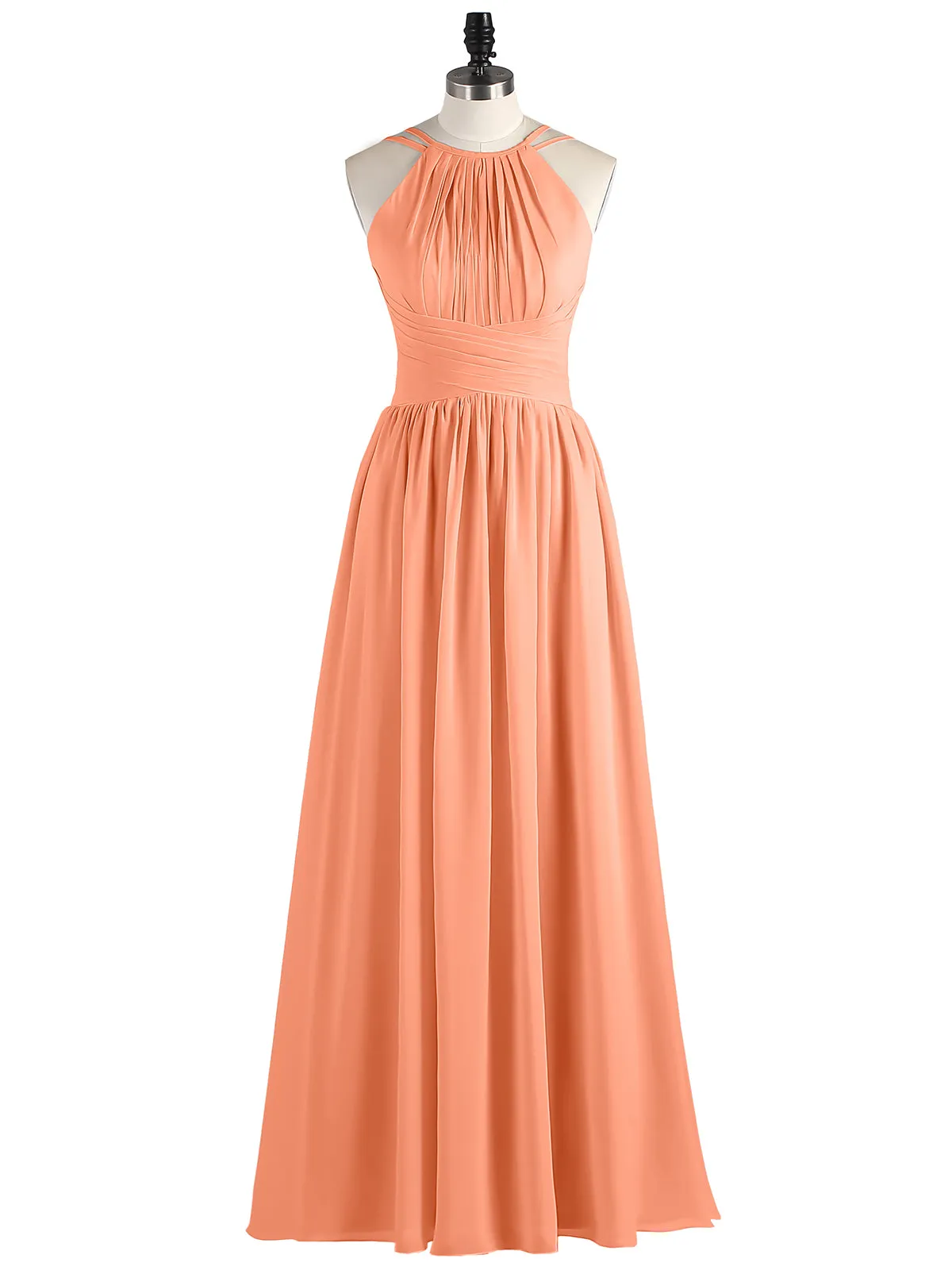 Double Strap Halter Long Chiffon Gowns-Papaya