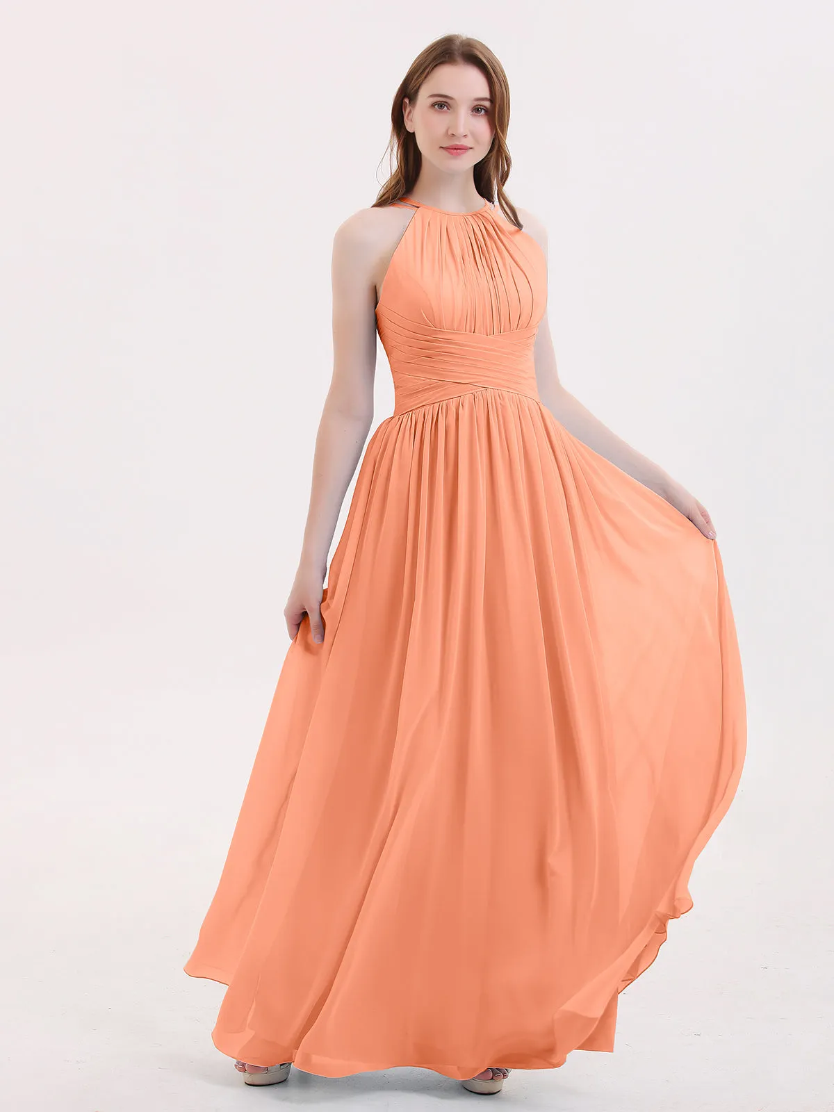 Double Strap Halter Long Chiffon Gowns-Papaya
