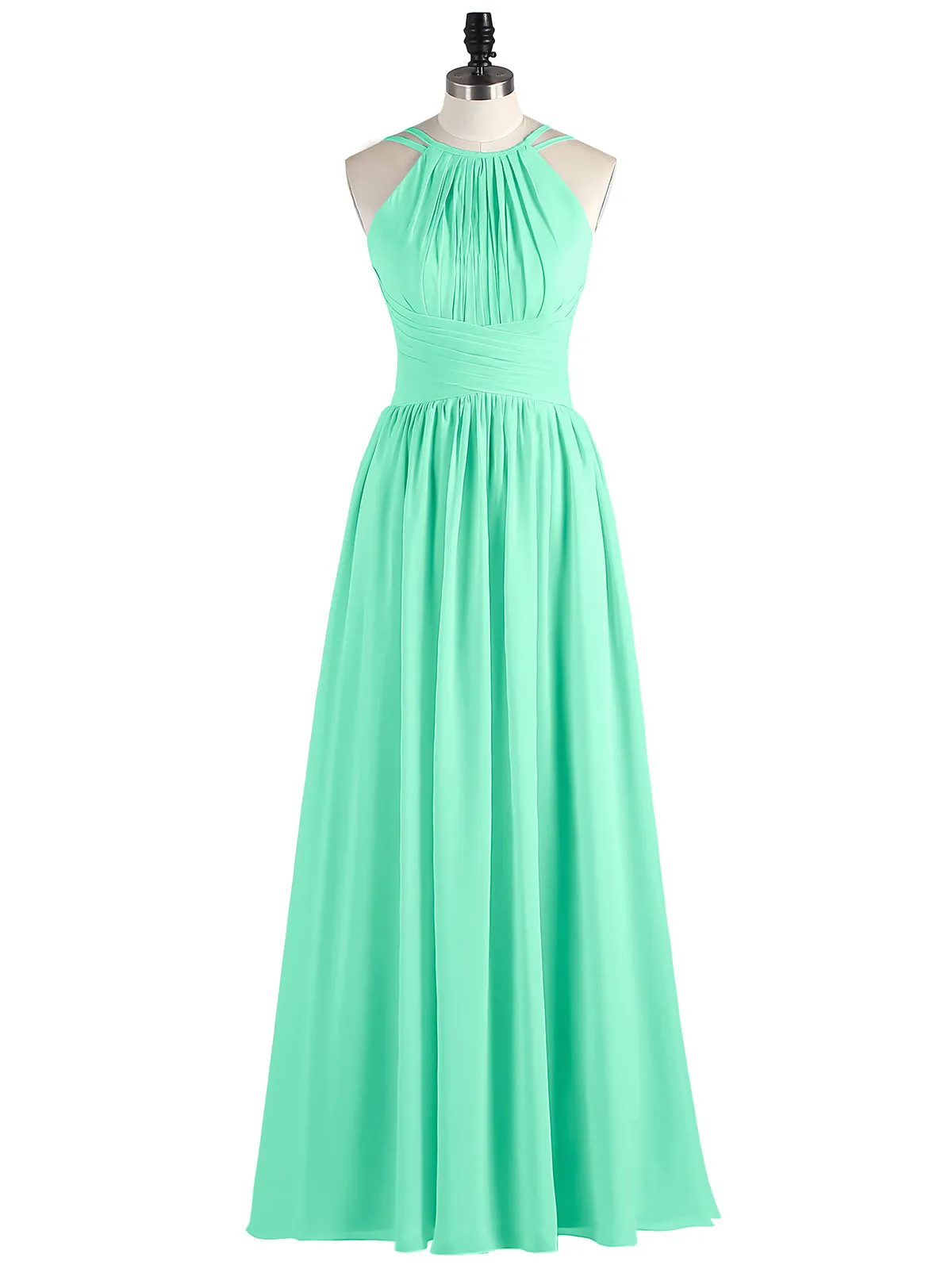 Double Strap Halter Long Chiffon Gowns-Turquoise