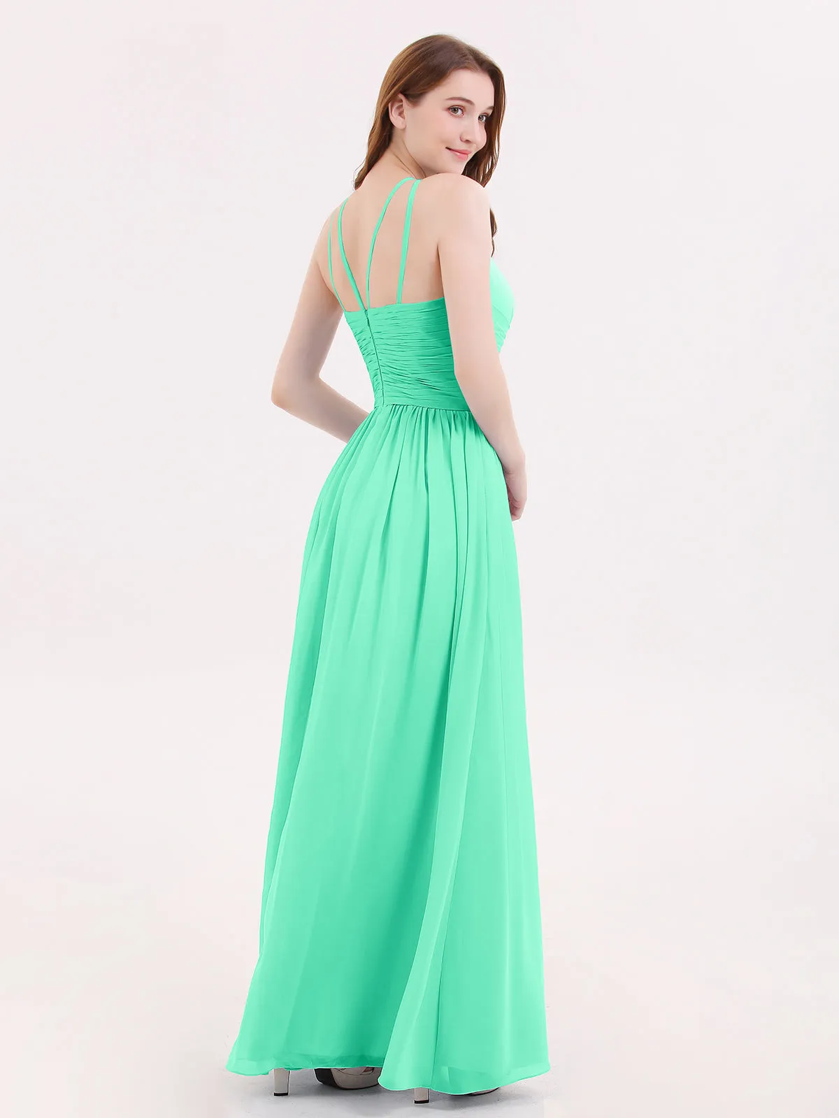 Double Strap Halter Long Chiffon Gowns-Turquoise