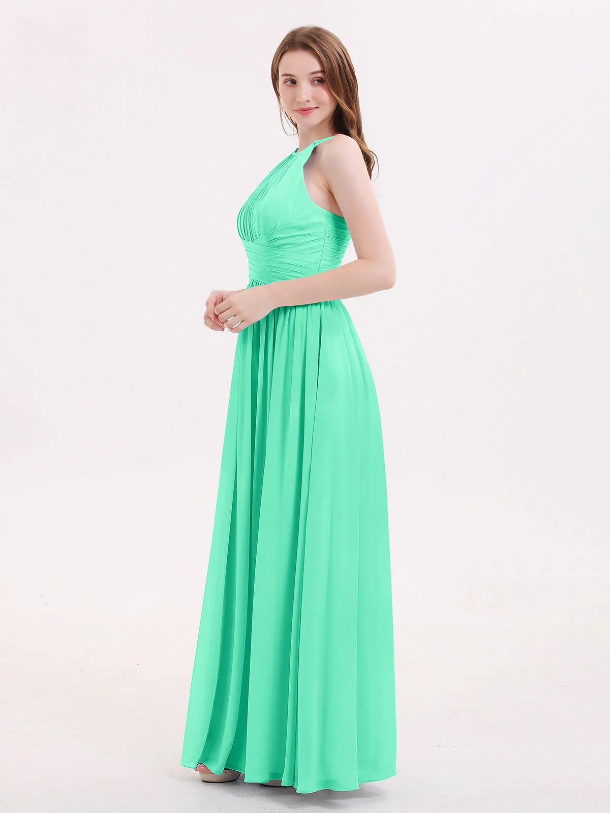 Double Strap Halter Long Chiffon Gowns-Turquoise