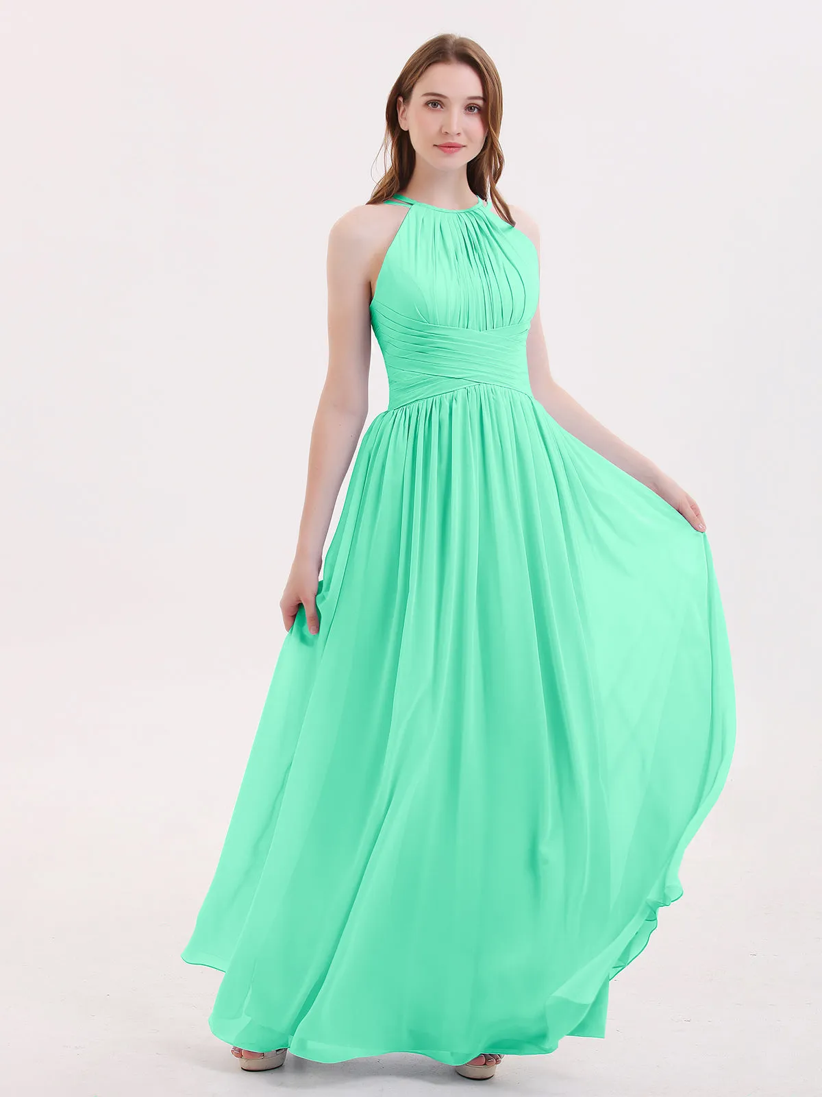 Double Strap Halter Long Chiffon Gowns-Turquoise