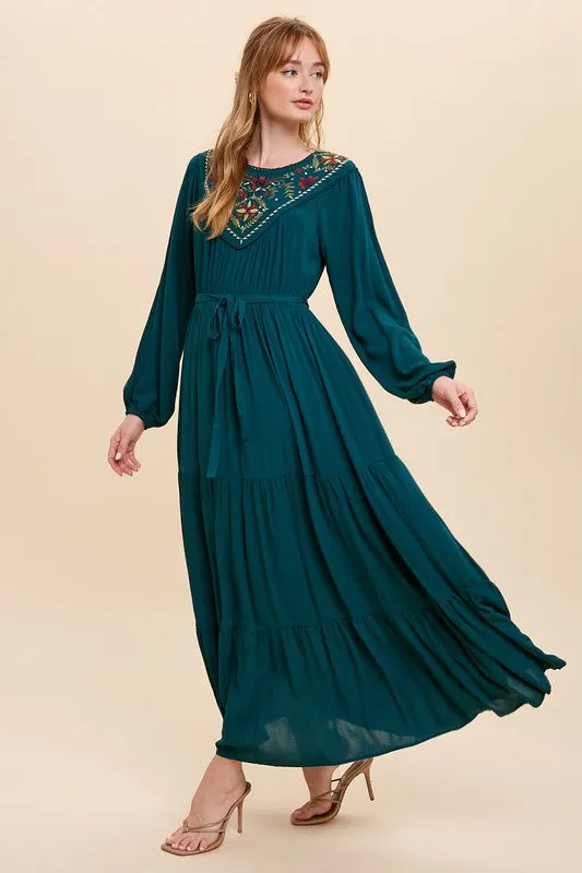 Emerald Green Embroidered Yoke Maxi Dress