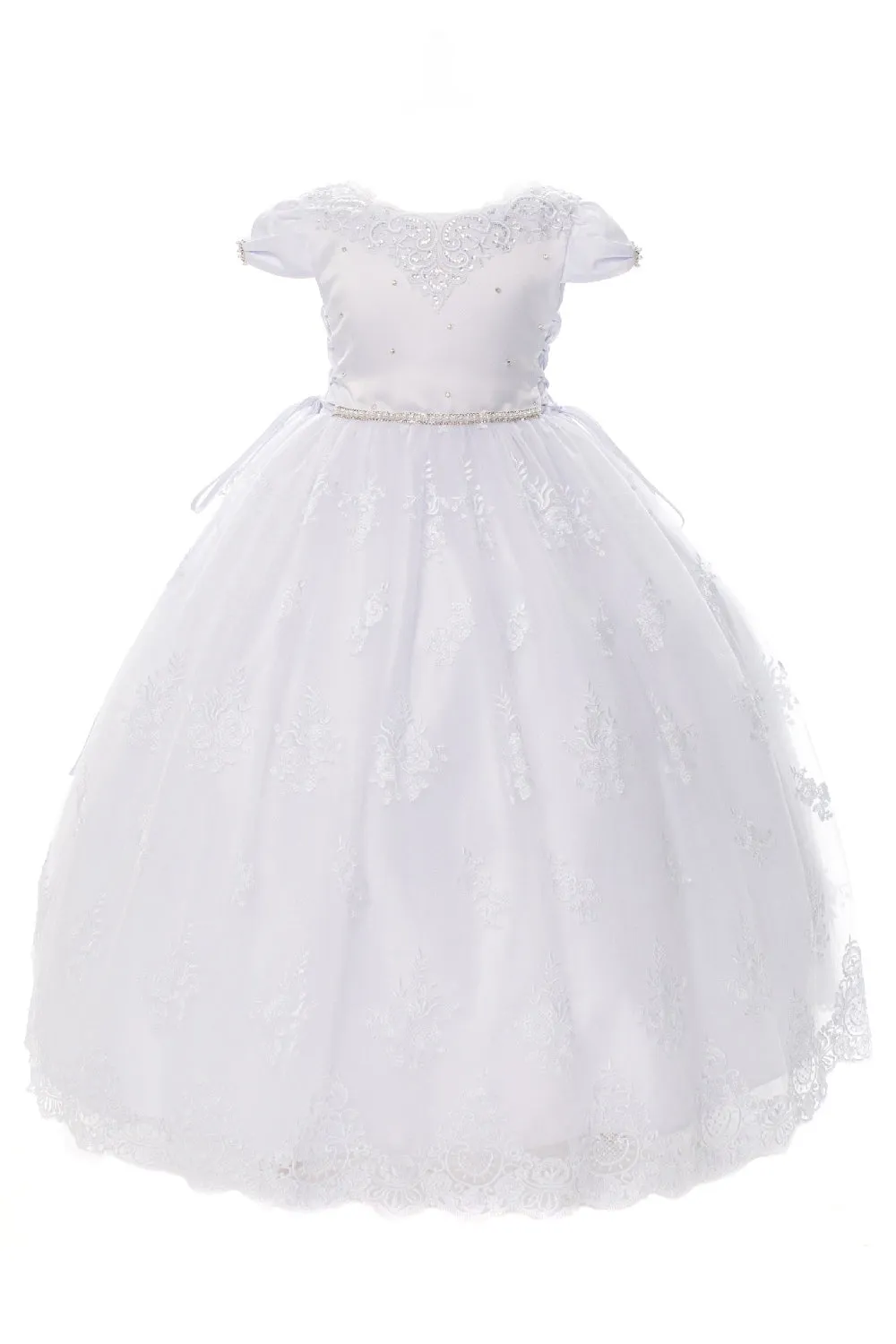 Girls White Cap Sleeve Beaded Trim Plus Size Communion Dress 20.5