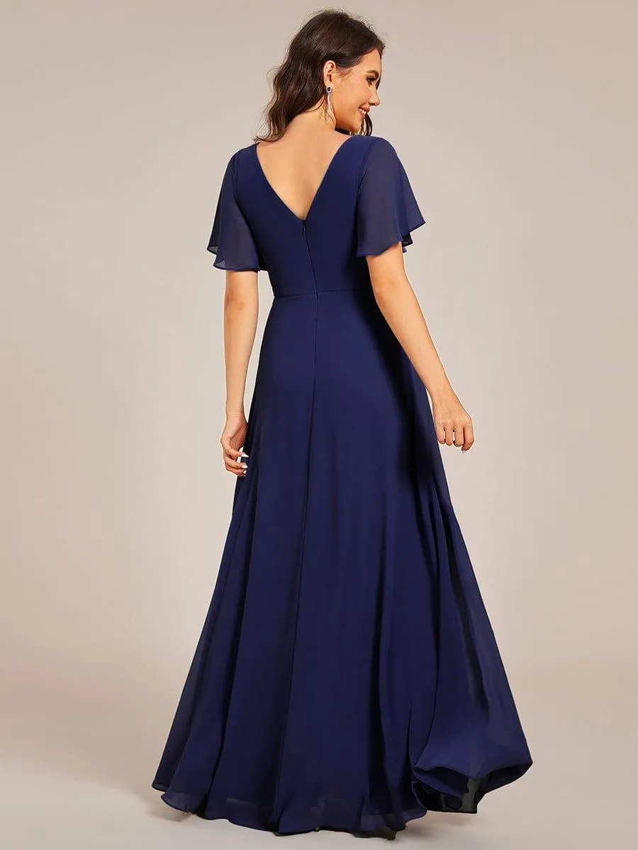 Grace | Elegant Pleated Short Sleeve Deep V-Neck Maxi Formal Evening Dress