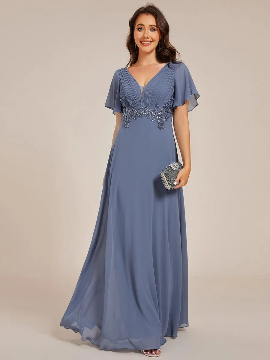 Grace | Elegant Pleated Short Sleeve Deep V-Neck Maxi Formal Evening Dress