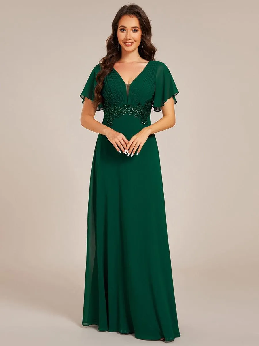 Grace | Elegant Pleated Short Sleeve Deep V-Neck Maxi Formal Evening Dress