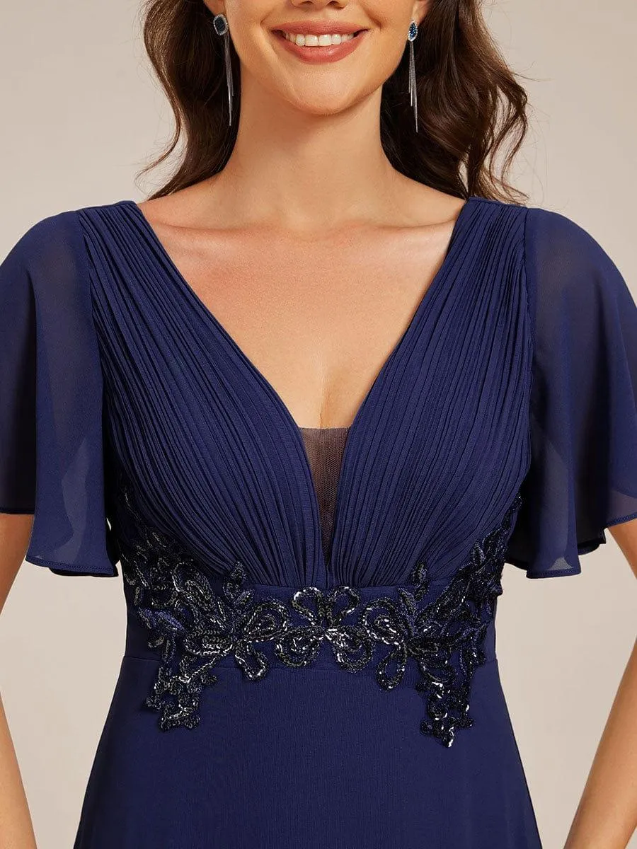 Grace | Elegant Pleated Short Sleeve Deep V-Neck Maxi Formal Evening Dress