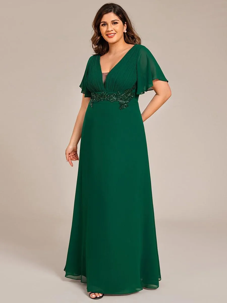 Grace | Elegant Pleated Short Sleeve Deep V-Neck Maxi Formal Evening Dress