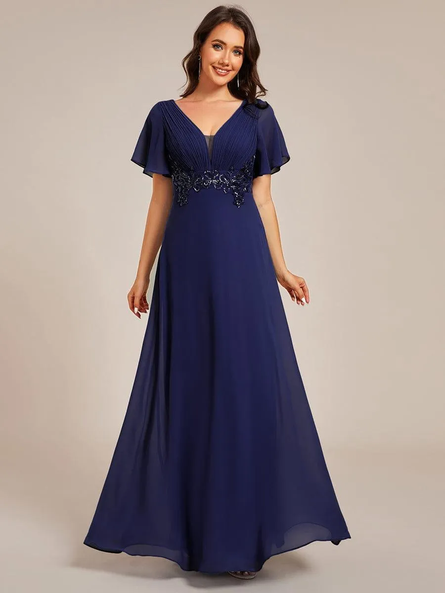 Grace | Elegant Pleated Short Sleeve Deep V-Neck Maxi Formal Evening Dress