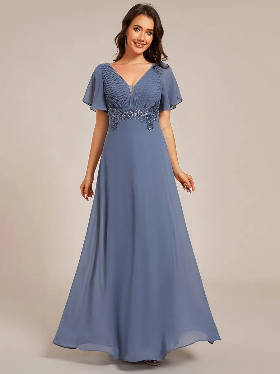 Grace | Elegant Pleated Short Sleeve Deep V-Neck Maxi Formal Evening Dress