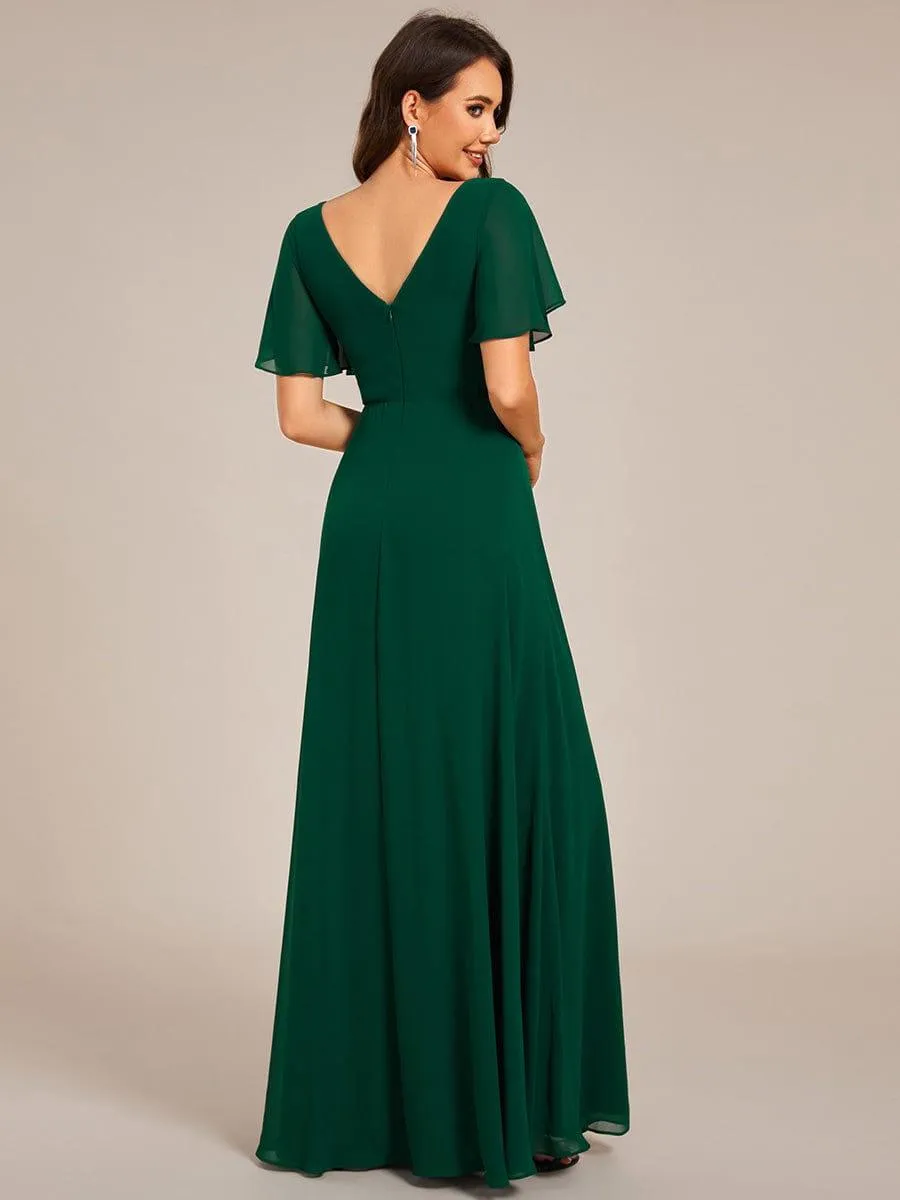 Grace | Elegant Pleated Short Sleeve Deep V-Neck Maxi Formal Evening Dress