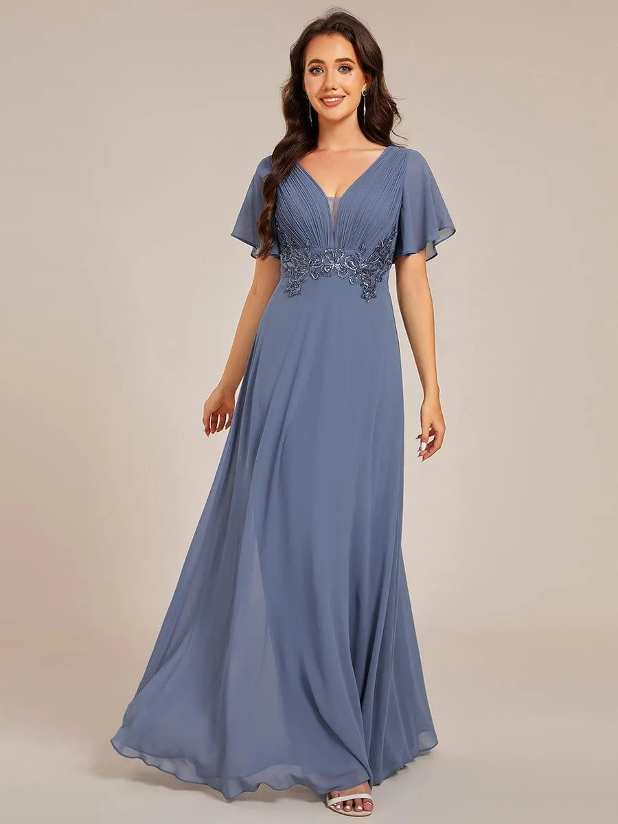 Grace | Elegant Pleated Short Sleeve Deep V-Neck Maxi Formal Evening Dress